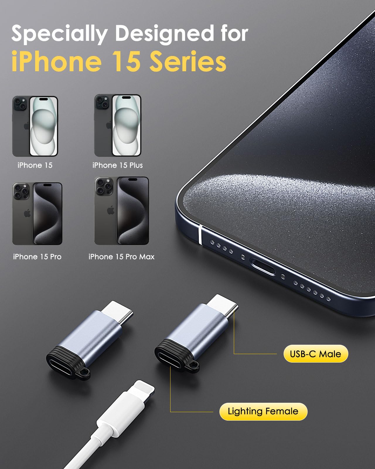 MoKo 2 Pack Lightning to USB C Adapter - iPhone 15/16 Pro/Pro Max/Plus, Galaxy S24, iPad Air/Pro Compatible - Fast Charging & Data Transfer - Gray (Perfect for Travel, Office & Home Use)