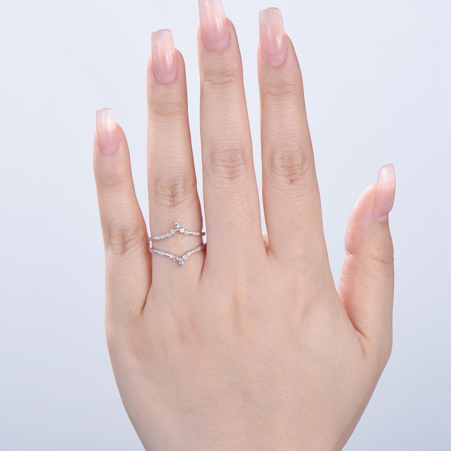 Double Curved Aquamarine Wedding Band - Sterling Silver & White Gold Stackable Ring Set - March Birthstone Anniversary Gift for Women - Perfect for Bridal Jewelry, Stacking Rings & Special Occasions