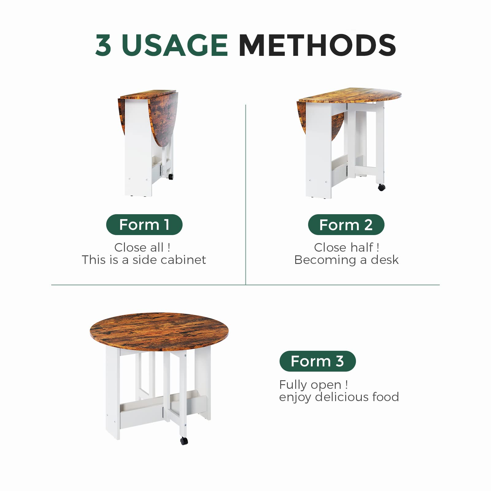 Upgraded Folding Dining Table - Convertible Drop Leaf Kitchen Table with 2-Tier Storage Racks, Space Saving Farmhouse Style in Rustic Brown - Perfect for Small Apartments, Studio Living & Compact Dining Areas
