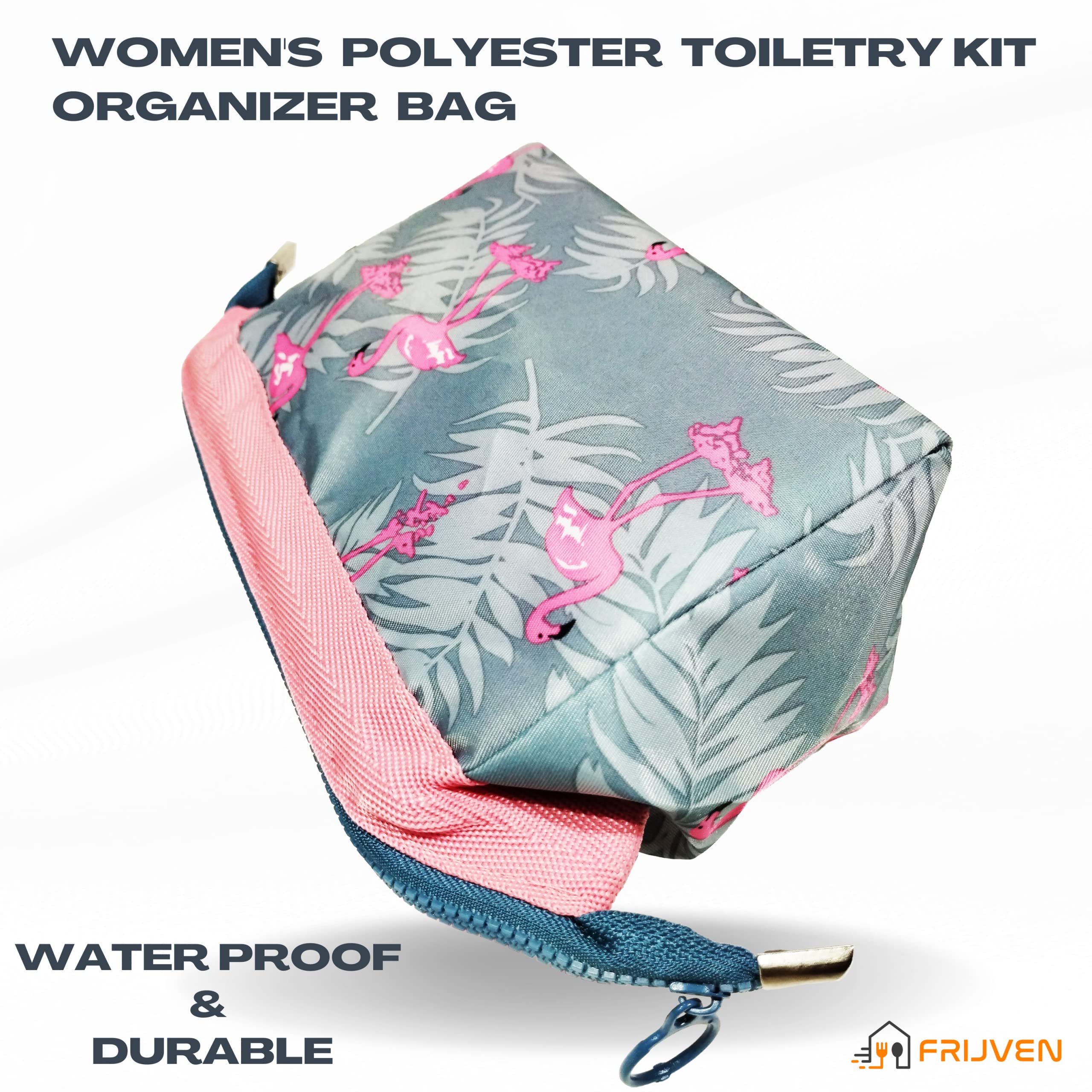 FRIJVEN Printed Cosmetic Makeup Pouch - 9cm Women's Toiletry Organizer Bag, Small Travel Makeup Case for Grooming Kit (Grey & Blue) | Perfect for Travel, Gym & Daily Essentials Storage