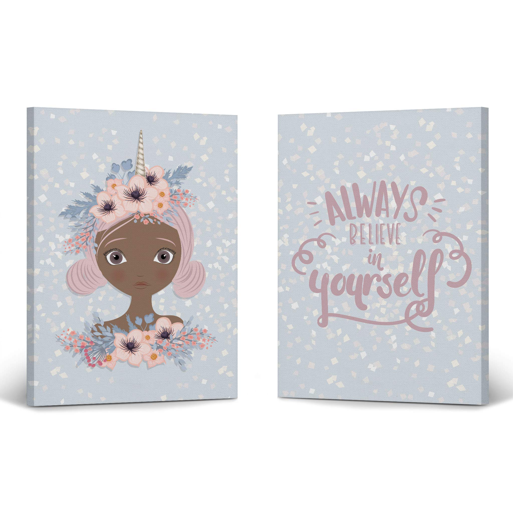 African American Unicorn Wall Art Canvas Print Set - 2 Panels (40x30 Inches Each) - 'Always Be Yourself' Inspirational Nursery Decor, Kids Room Decor - Handmade in USA - Perfect for Bedroom, Playroom & Baby Shower Gifts