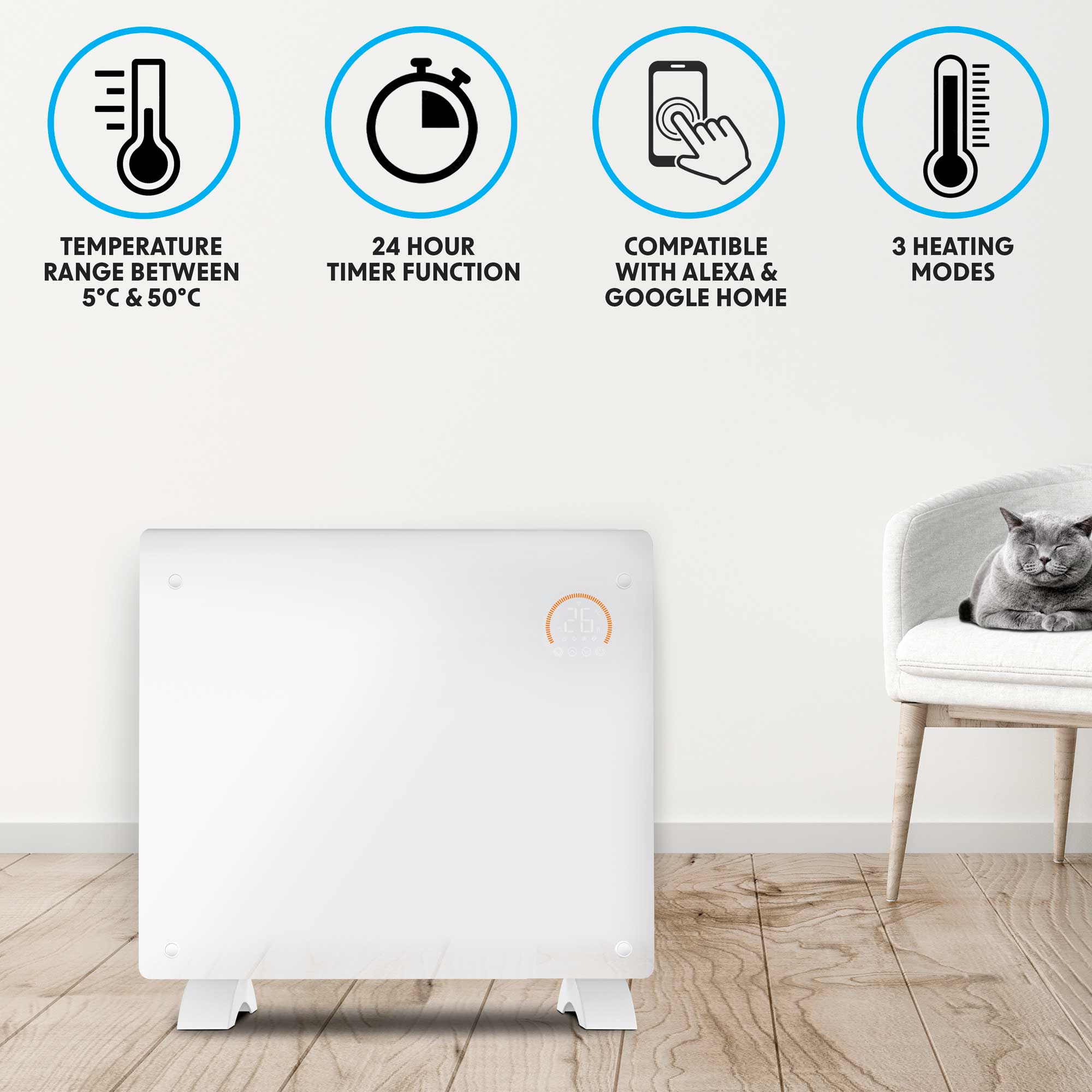 Baridi 1000W Smart WiFi Electric Glass Panel Heater with 24/7 Timer & Remote Control - White Space Heater for Bedroom, Office & Home Use - Model DH136