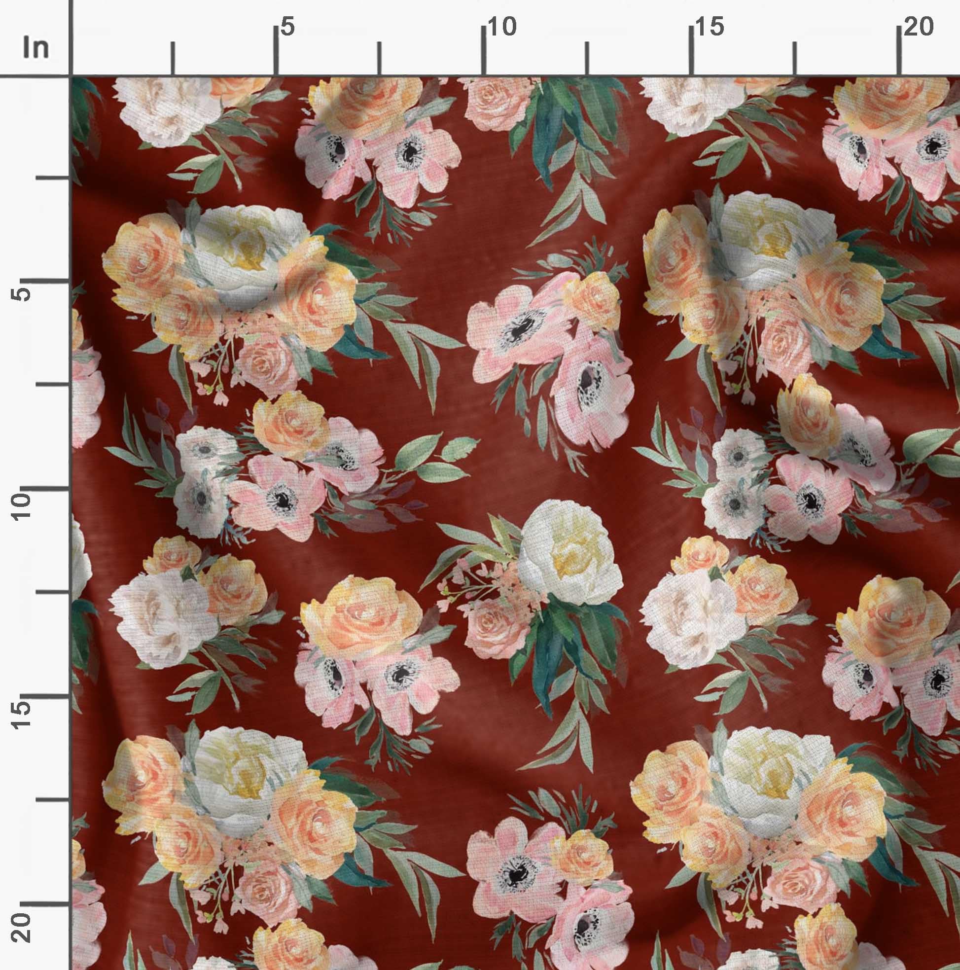 Soimoi Moss Georgette Red Fabric by The Yard - 42 Inch Wide Floral Printed Fabric with Anemone & Begonia Design - Lightweight Drapeable Material for Dresses, Scarves, Curtains and DIY Fashion Projects