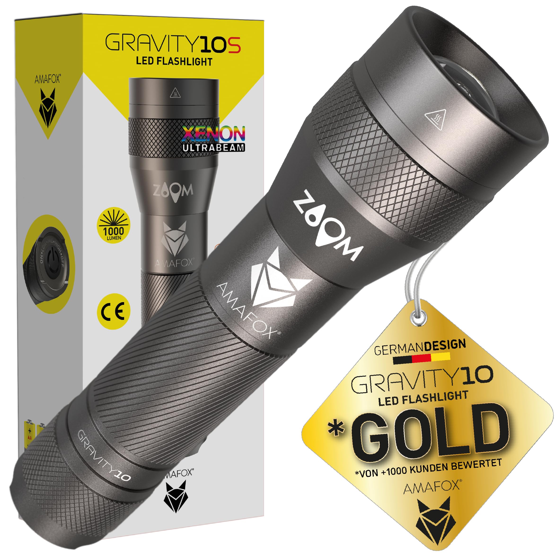 AMAFOX G10-1000 Lumen AA Battery Powered Flashlight - OSRAM XENON Power-LED Super Bright, Adjustable & Zoomable for Camping, Hiking, Emergency and Outdoor Activities