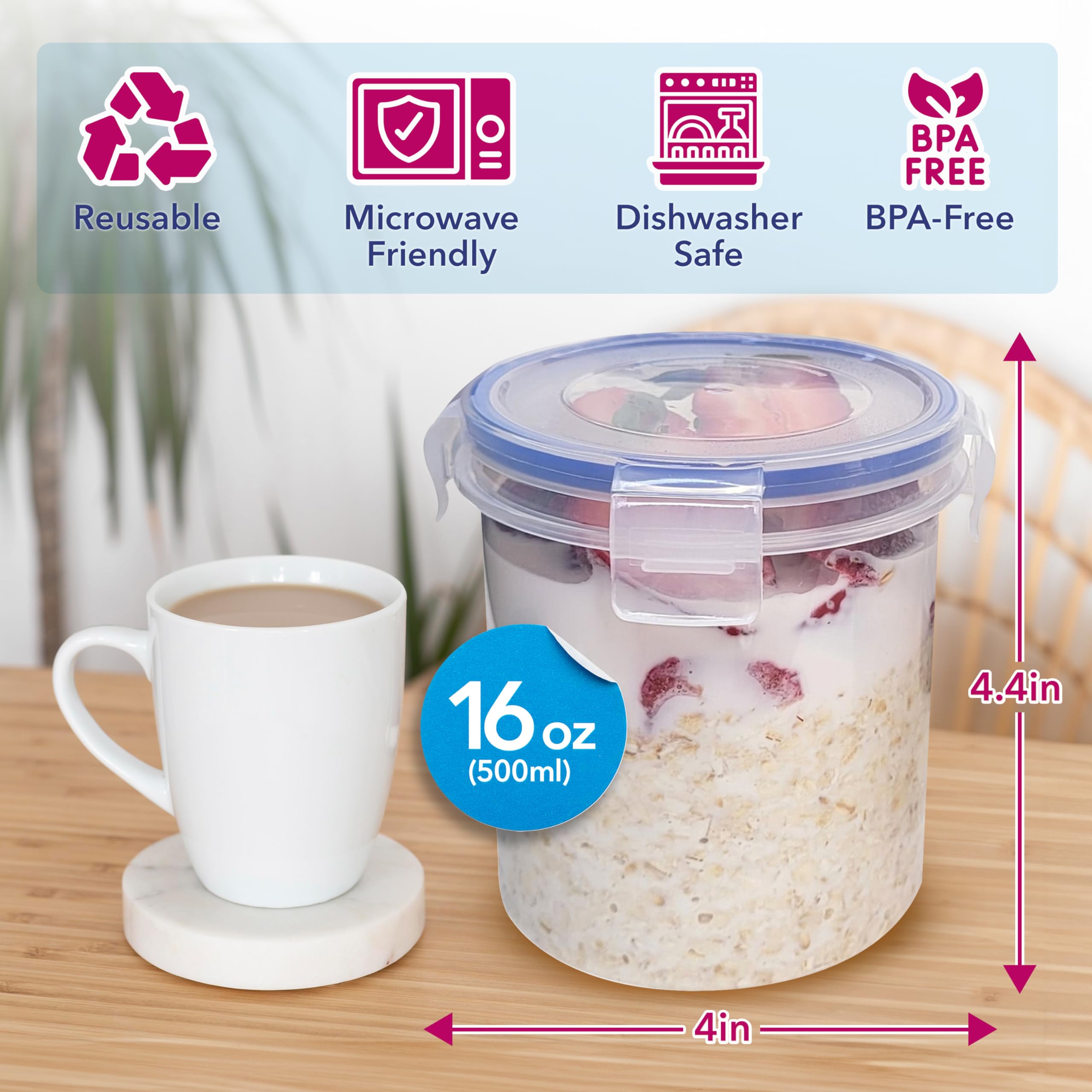 16 oz Overnight Oats Containers with Lids (4-Pack) - Airtight Plastic Storage Jars for Cereal, Yogurt & Meal Prep - Portable Breakfast Containers for Office, Gym & Travel