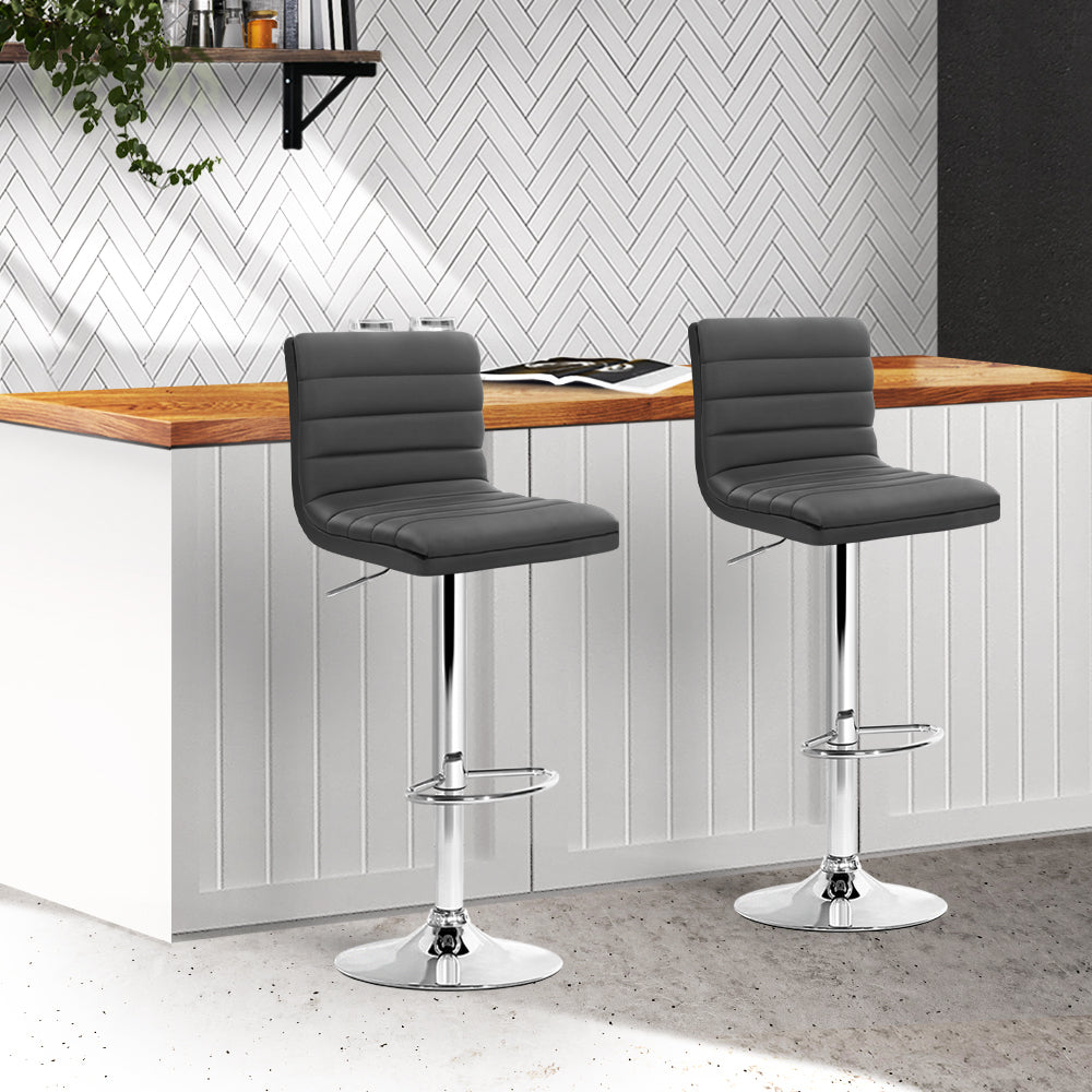 2 Pack Adjustable Height Bar Stools with Padded Leather Seat and Gas Lift Mechanism - Grey - Perfect for Kitchen Island, Home Bar, and Dining Room