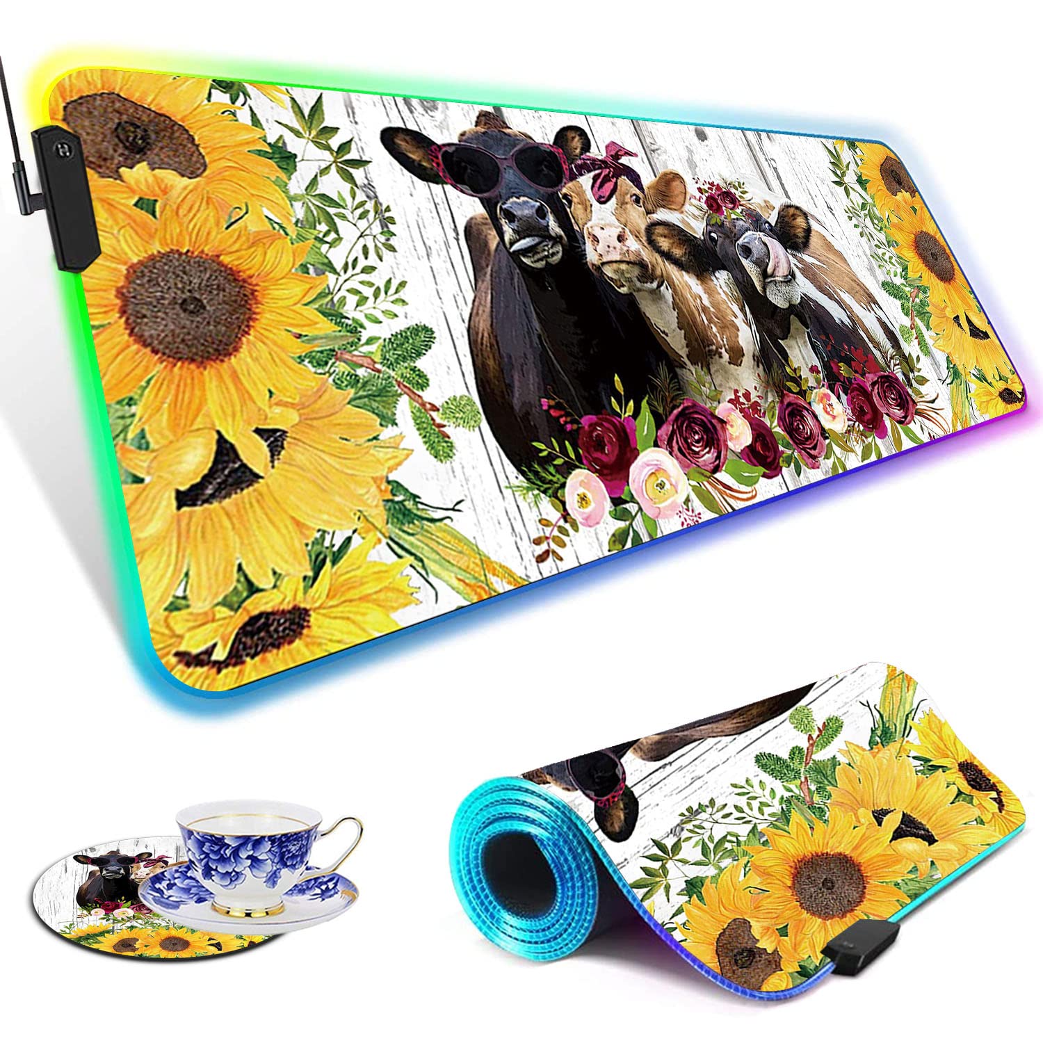RGB Gaming Mouse Pad - Large LED Light-Up Desk Mat with Non-Slip Base | Waterproof Optical Surface for PC Gaming | Perfect for Gamers & Office Work | Sunflower & Cow Animal Designs