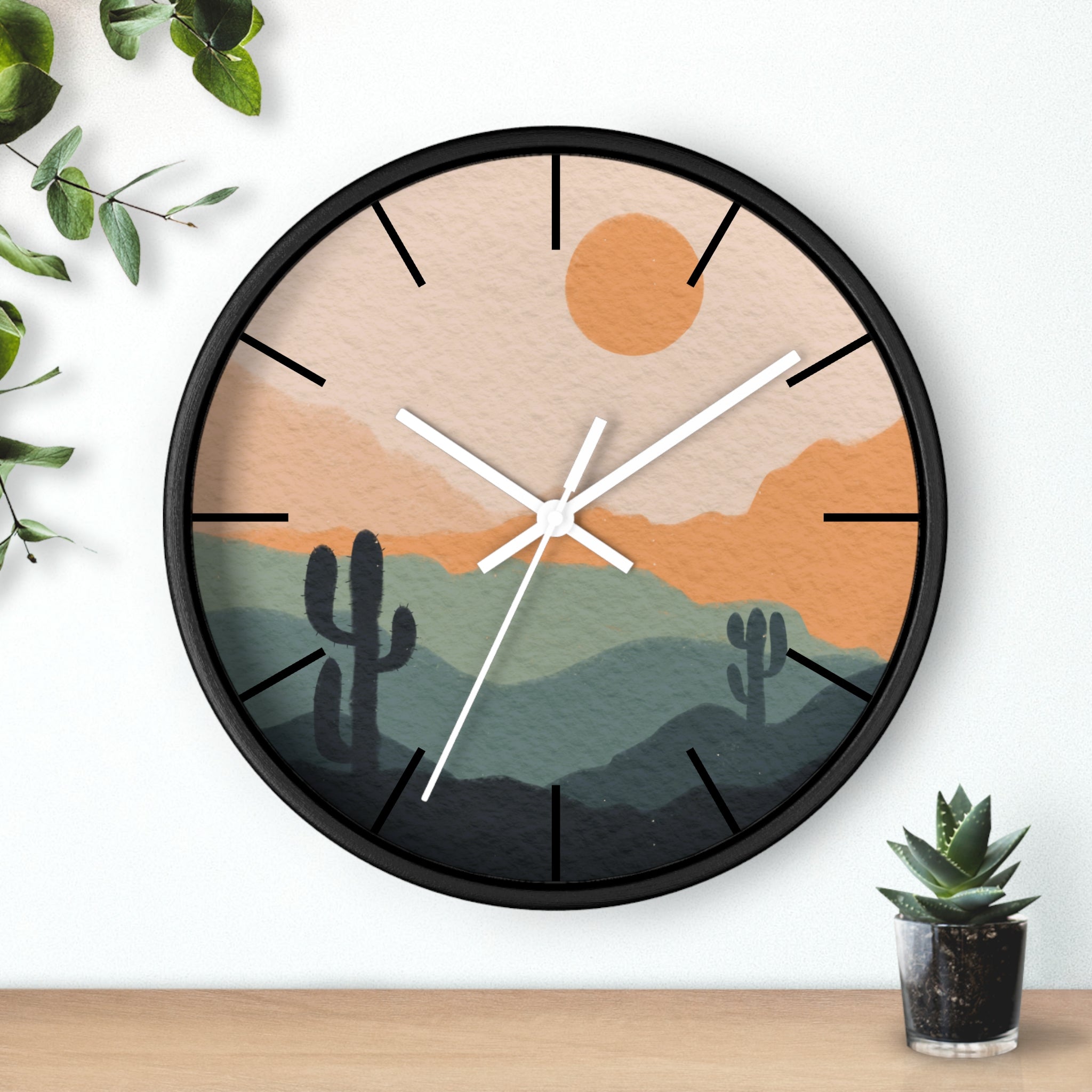 Silent Ticking Wall Clock - Rustic Desert Decor with 10 Inch Wood or Plastic Frame & Plexiglass - Southwestern Theme Home Office Decor for Living Room, Bedroom, Kitchen