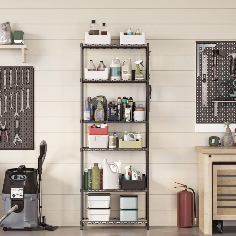 SONGMICS 6-Tier Metal Storage Shelves, Heavy Duty Wire Shelving Unit for Kitchen, Garage, Pantry - Adjustable Shelves with Shelf Liners & 8 Hooks - 11.4