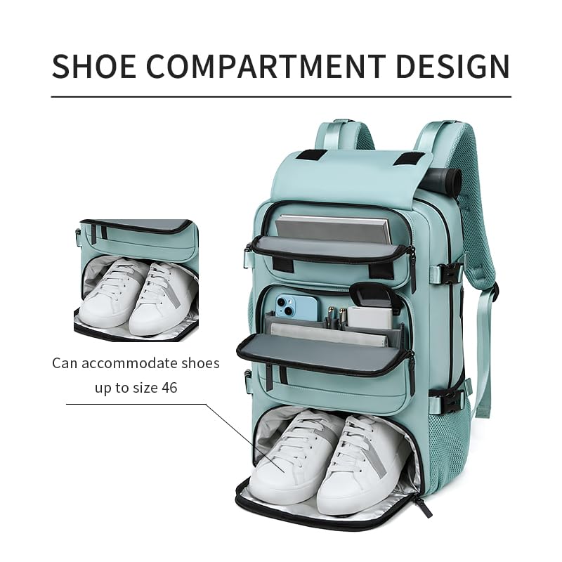 Waterproof 16 Inch Women's Travel Backpack with USB Charging Port & Shoe Compartment - Lightweight Hiking Backpack for Business, Commuting & Outdoor Adventures (Green)