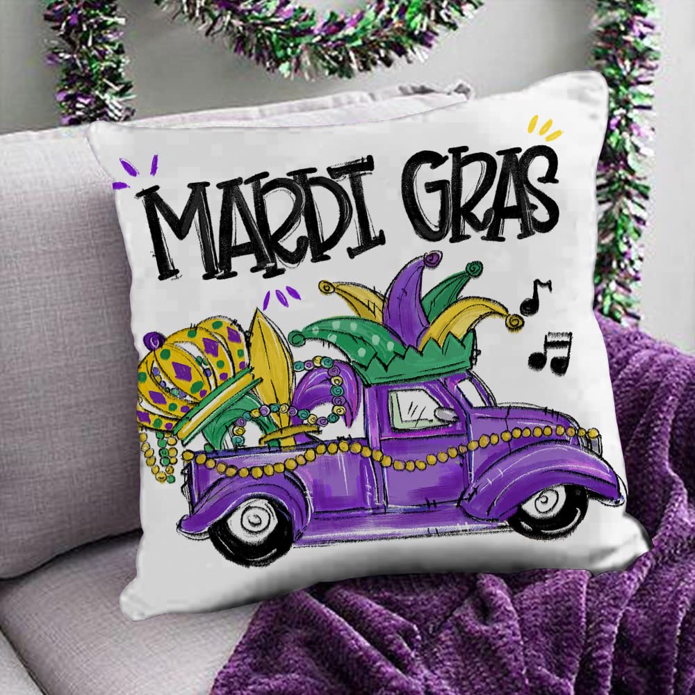 GEEORY Mardi Gras Pillow Covers 18x18 Inch Set of 4 - Decorative Throw Pillow Cases with Beads, Fleur De Lis & Gnome Designs for Home Decor, Sofa, Bed, Party - Happy Mardi Gras Celebration Accessories