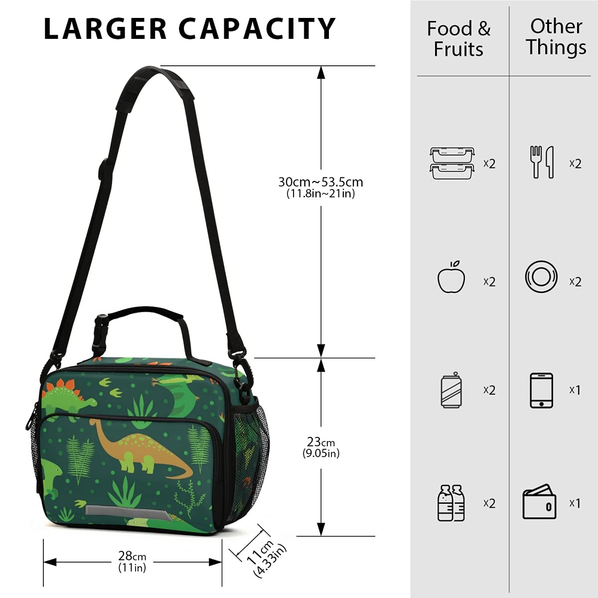 OREZI Green Dinosaur Reusable Lunch Bags for Kids - Cute Insulated Lunch Tote for Boys & Girls, School Lunch Box, Work & Picnic Container - Perfect for School, Office, Camping and Outdoor Activities