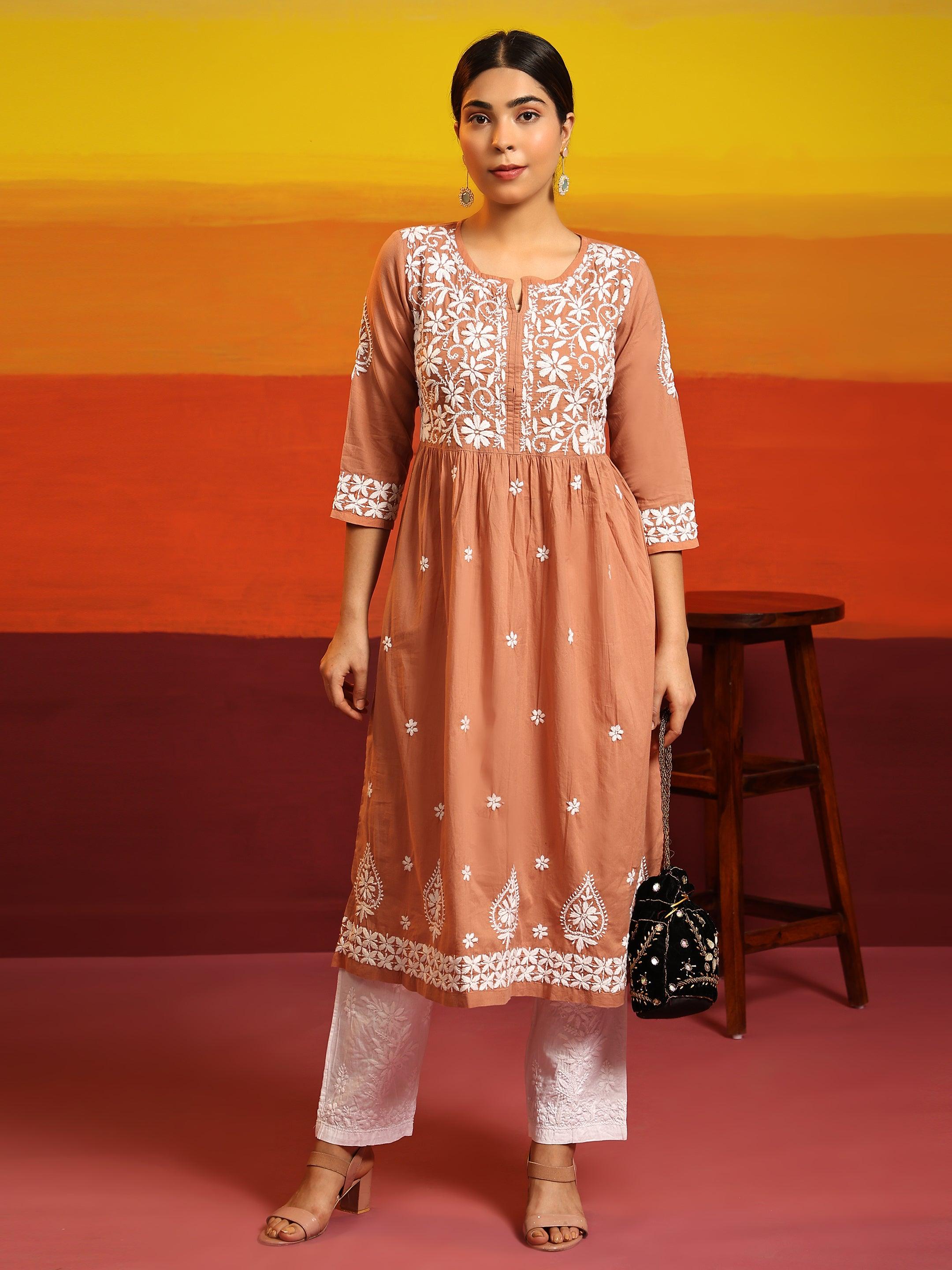 Samma Chikankari Cotton Long Kurti for Women - Orange | Elegant Traditional Indian Tunic for Casual Wear, Festivals & Special Occasions