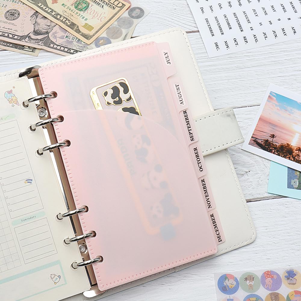 MEI YI TIAN 2-Pack A6 Pink PP Cash Envelopes - 12 Sheets with 6 Tabs, Zipless Budget Binder Index Dividers & 2 Pockets for 6-Ring Binders - Money Organizer for Home Budgeting, Bill Payment & Financial Planning