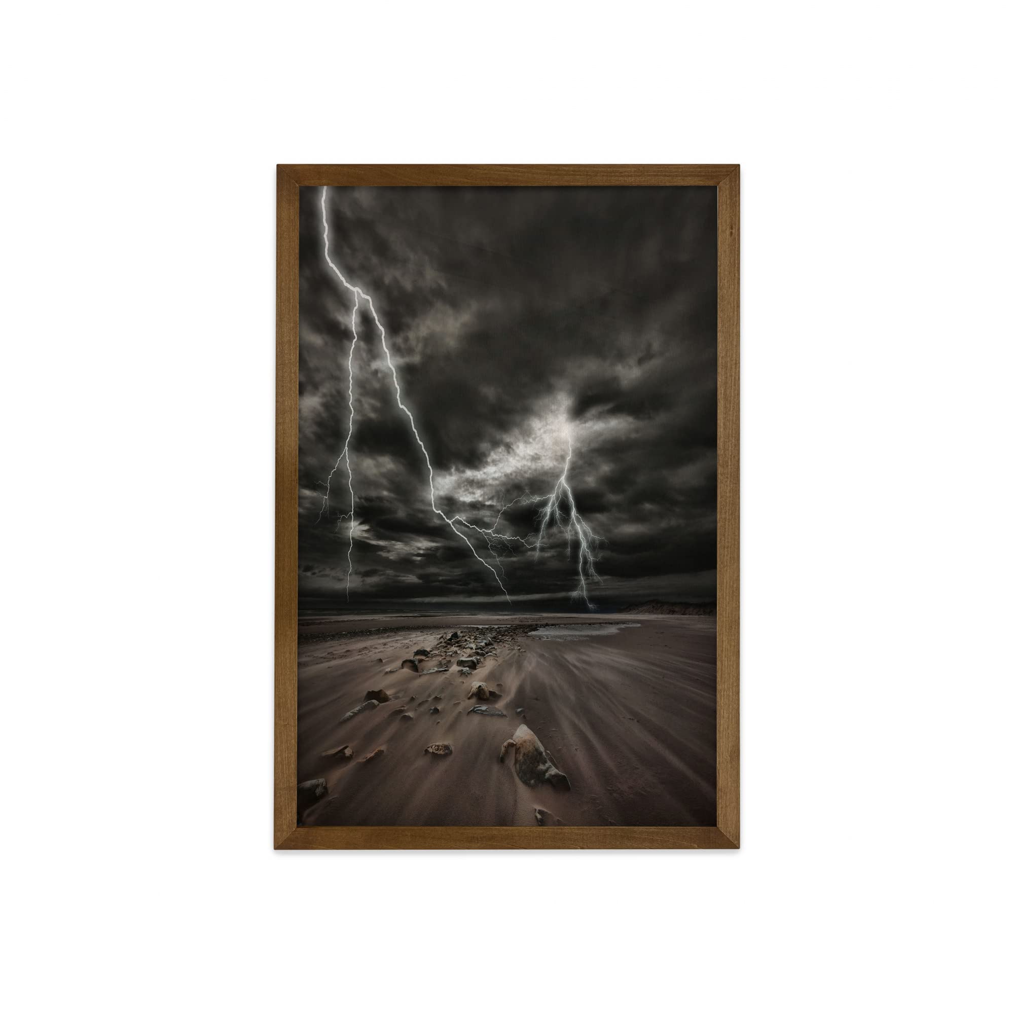 Ambesonne Nature Framed Wall Art - Thunderstorm Beach Landscape Print with Teak Wood Frame, 23x35 Inch Brown Grey Fabric Decor for Living Room, Bedroom & Dorm | Coastal Storm Themed Home Decoration