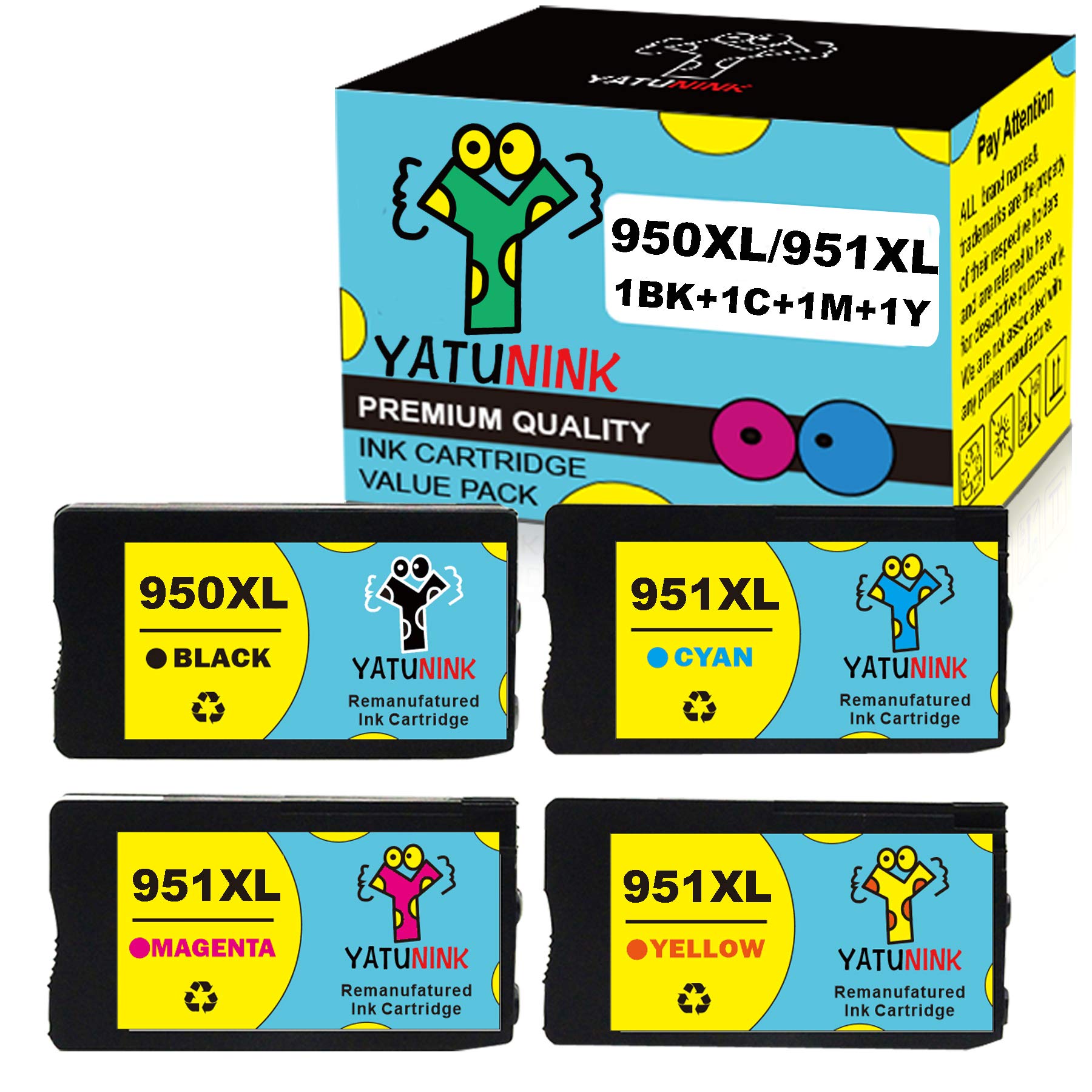 YATUNINK Remanufactured Ink Cartridge Replacement for HP 950XL 951XL (4 Pack) - Compatible with Officejet Pro 8600 8100 8625 8610 8630 8615 8620 8640 Printers - Ideal for Home Office Printing, School Projects & Business Documents