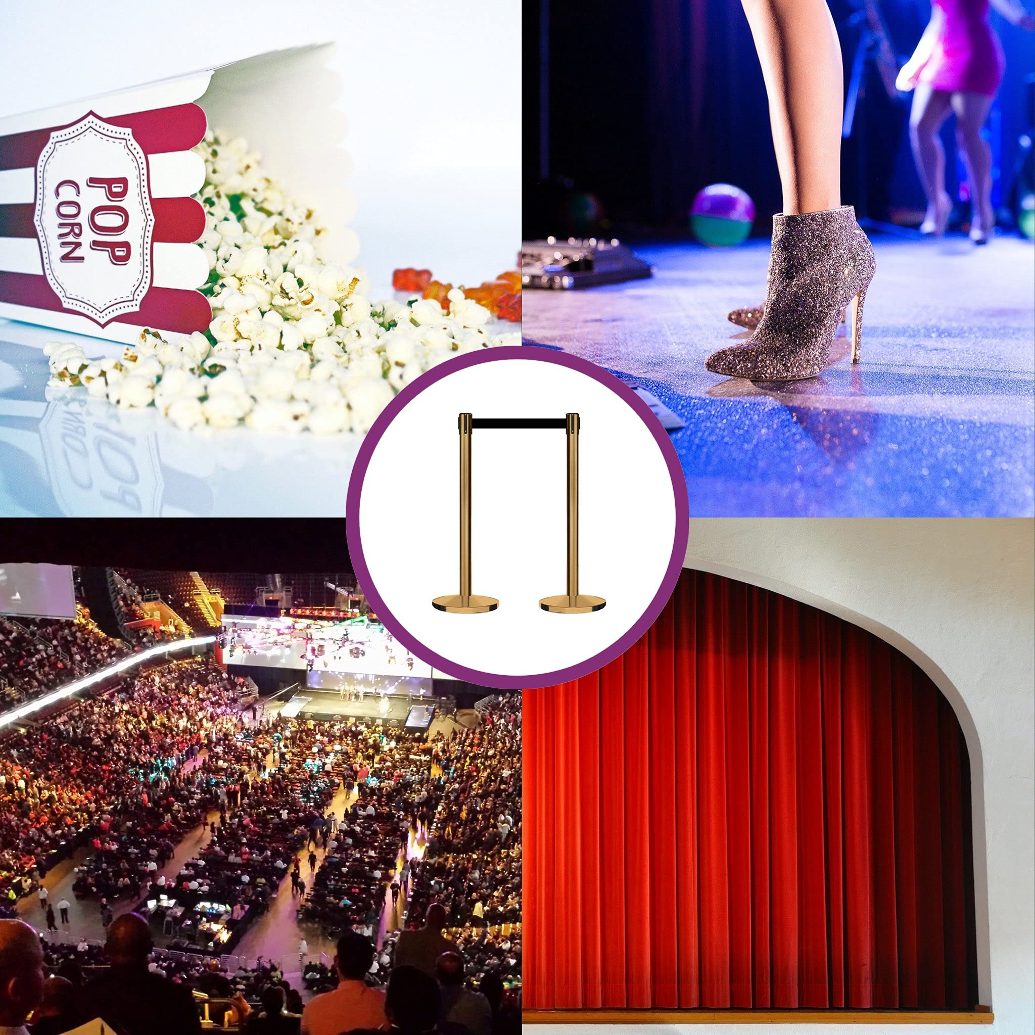 CCW Set of 2 Retractable Belt Barrier Stanchions with Cast Iron Base & Satin Brass Post - 11 Foot Red Belt (IRBB-100) for Crowd Control, Event Queue Management, and Retail Safety