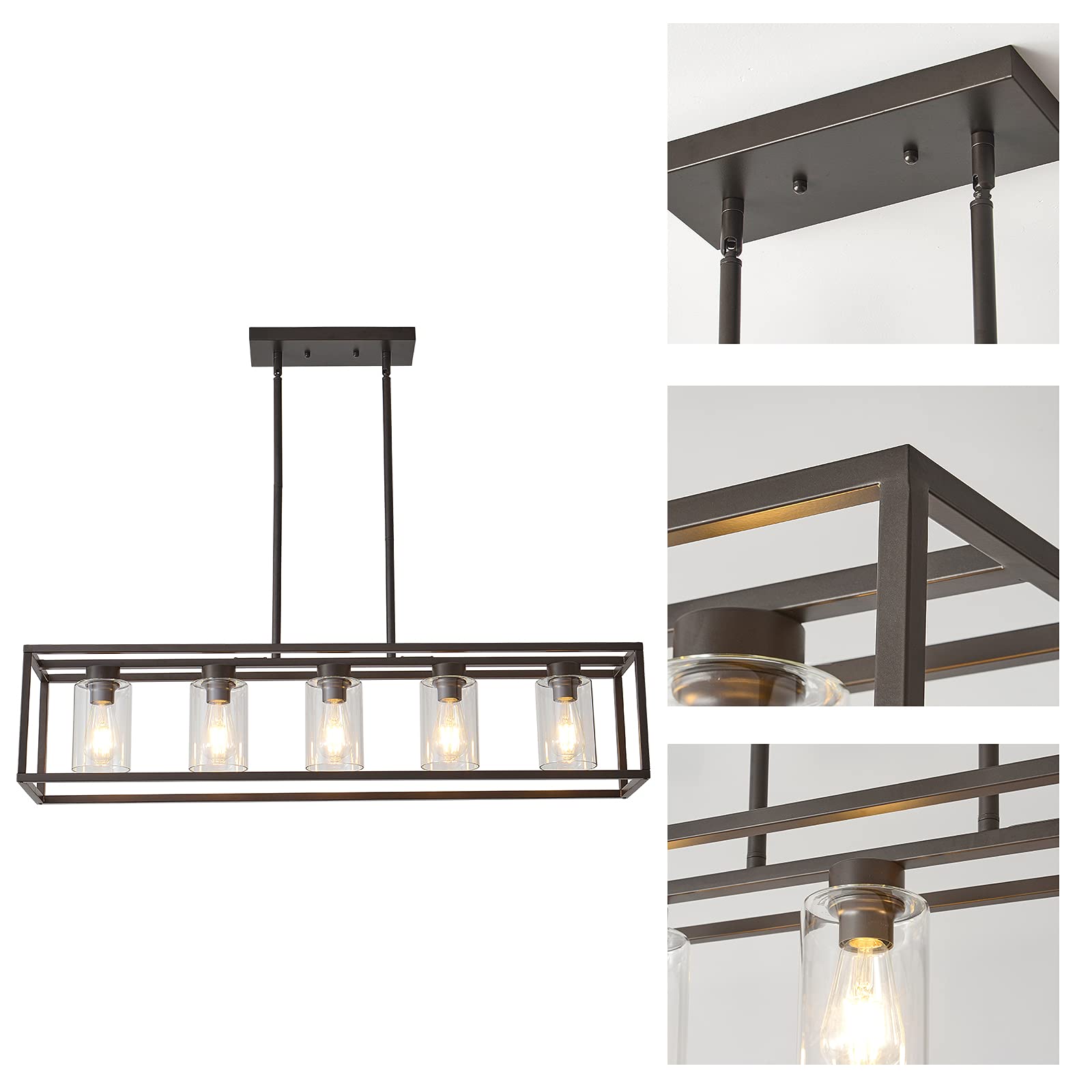 XILICON Oil Rubbed Bronze Farmhouse Chandelier - 5 Light Kitchen Island Pendant Lighting with Glass Shade - Rustic Dining Room Ceiling Fixture for Farmhouse, Kitchen, and Dining Room Decor