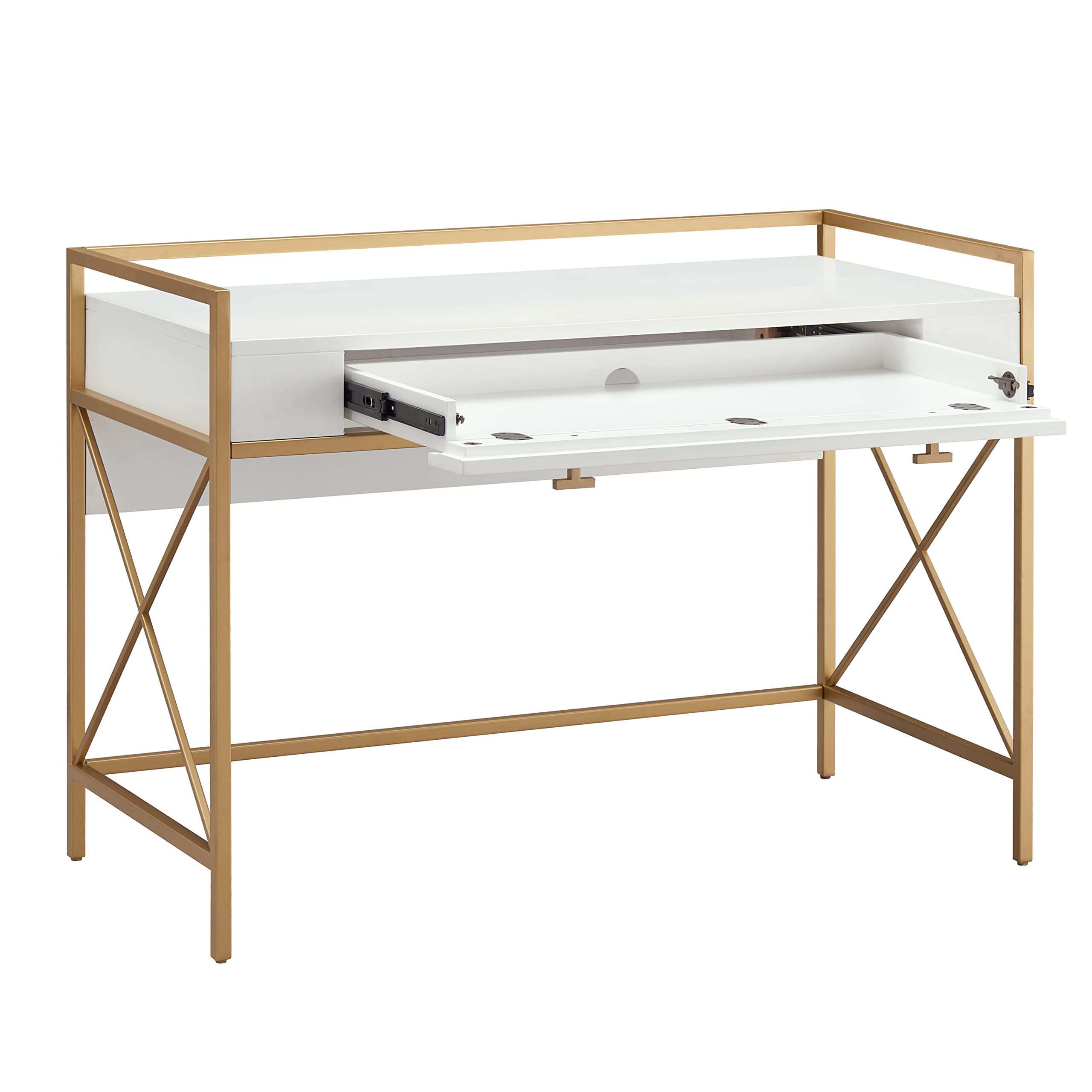 Leick Home 9240-WTGL Claudette Modern Mixed Metal & Wood Computer Desk with Drop-Front Keyboard Tray - White & Satin Gold Finish | Perfect for Home Office, Study Room & Small Spaces