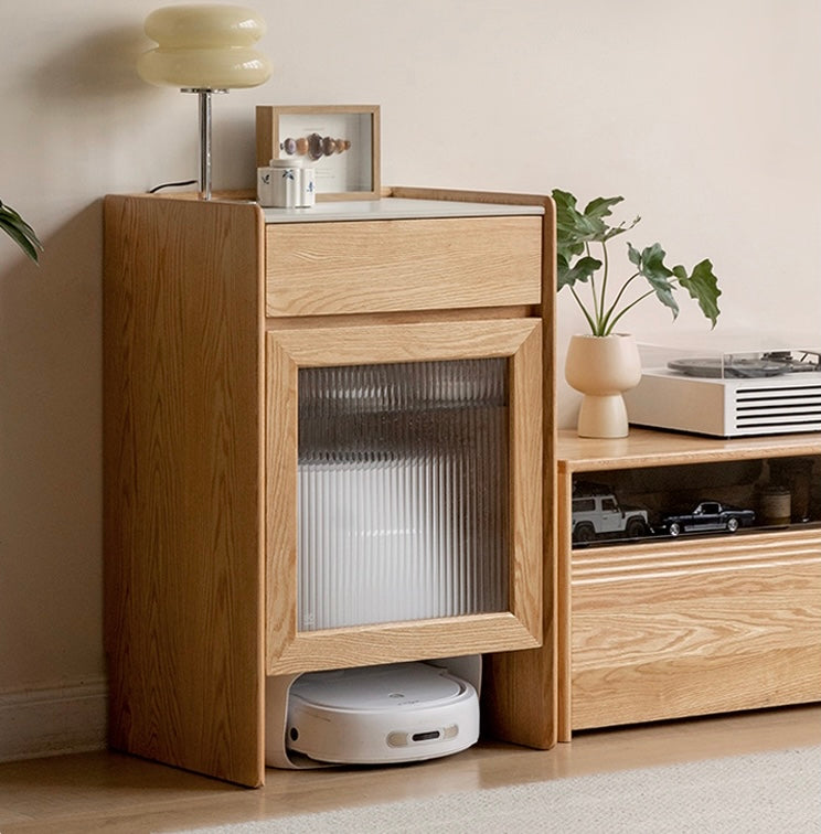 Solid Oak Wood Side Cabinet for Robot Vacuum Storage - Modern Rock Slab Design - Perfect for Living Room, Bedroom, or Home Office Organization