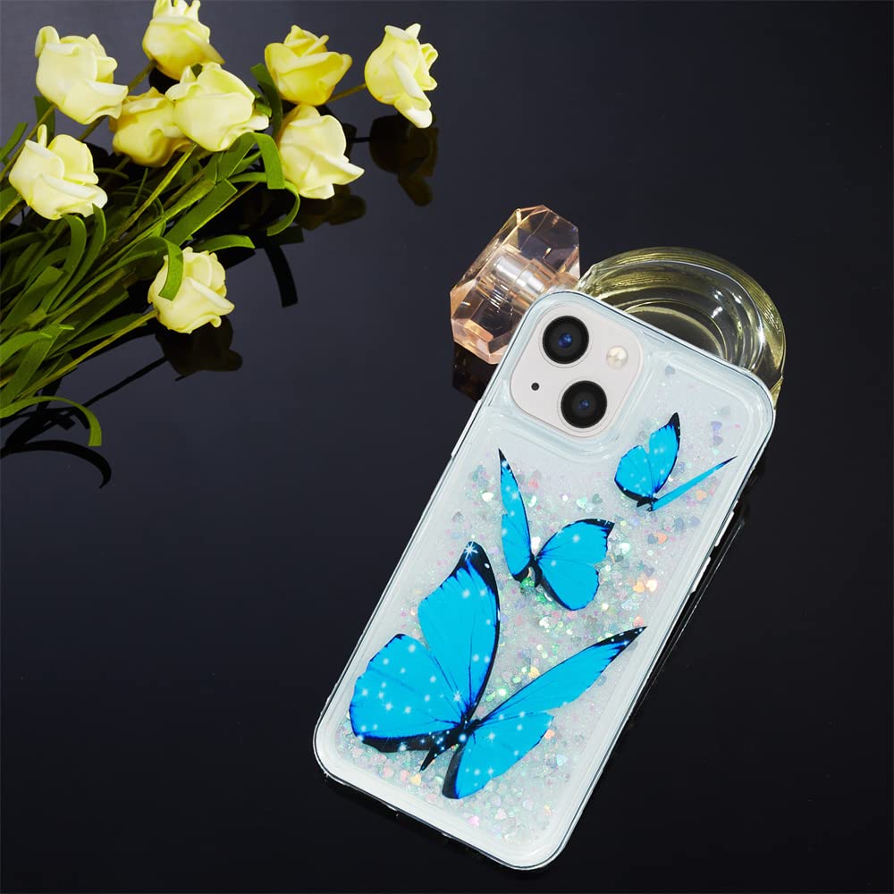 Sparkly Glitter Phone Case for iPhone 13 - Bling Liquid Quicksand TPU Cover with Blue Butterfly Design | Shockproof Anti-Slip Soft Case for Women & Girls | Perfect for Parties, Daily Use & Gift Giving (6.1 inch)
