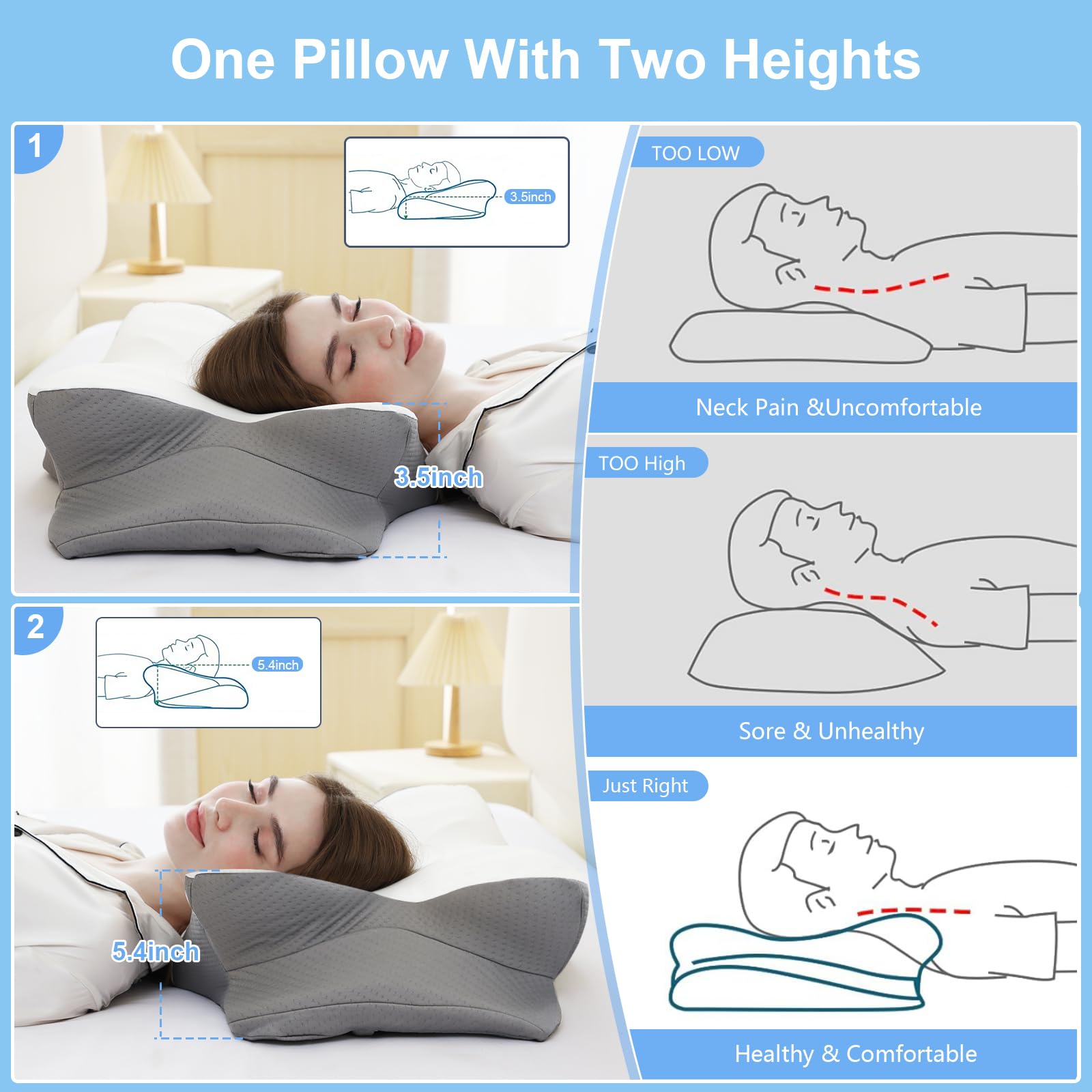 Memory Foam Pillow for Neck Pain Relief - Ergonomic Support for Side, Back & Stomach Sleepers with Cooling Cover - Perfect for Adults & Better Sleep