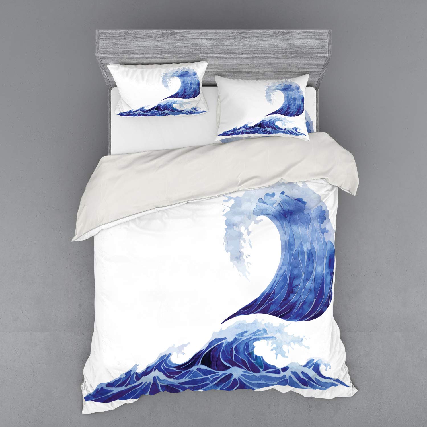 Ambesonne Ocean Duvet Cover Set - Watercolor Storm Waves Design, 4-Piece Queen Size Bedding Set with Shams & Fitted Sheet, Blue and White Aquatic Print - Perfect for Beach House Decor, Coastal Bedroom Theme or Nautical Inspired Home