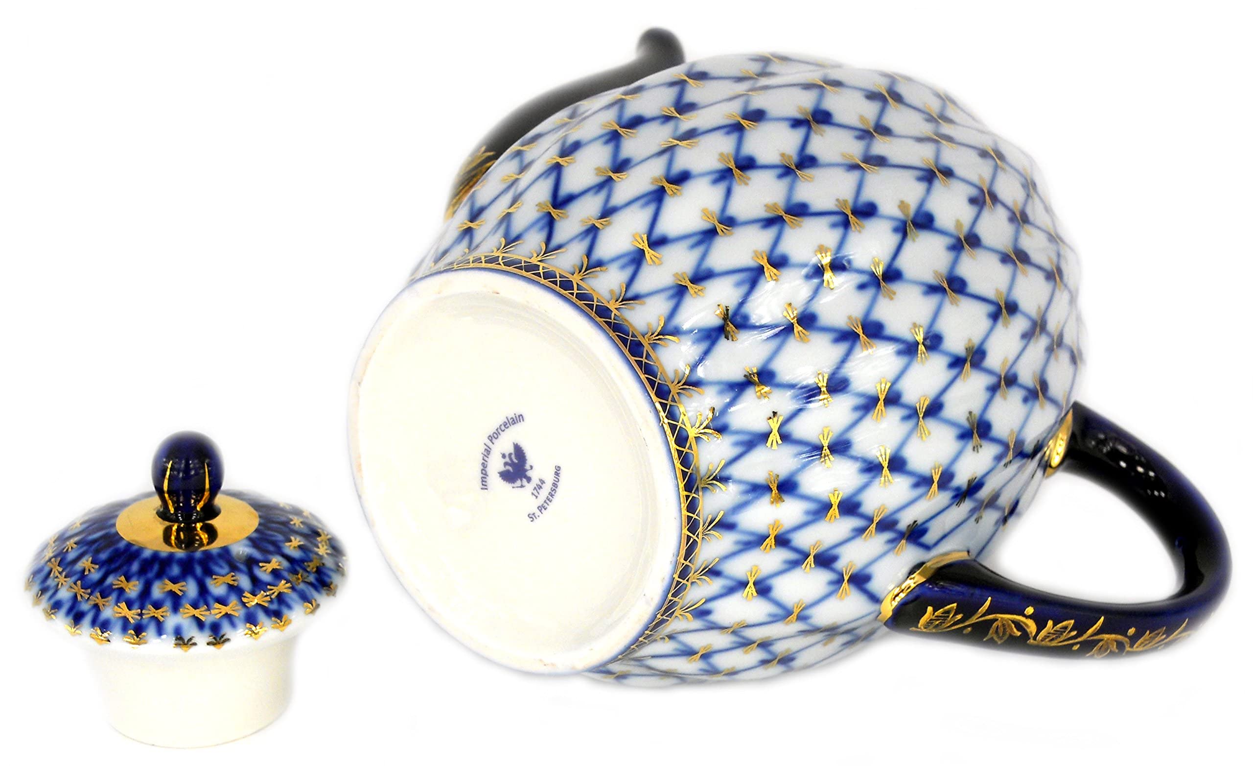 Lomonosov Porcelain 22K Gold Cobalt Net Coffee Pot - 8 Cups (40 oz/1200 ml) - Elegant Tea & Coffee Serving for Home, Office & Gifts
