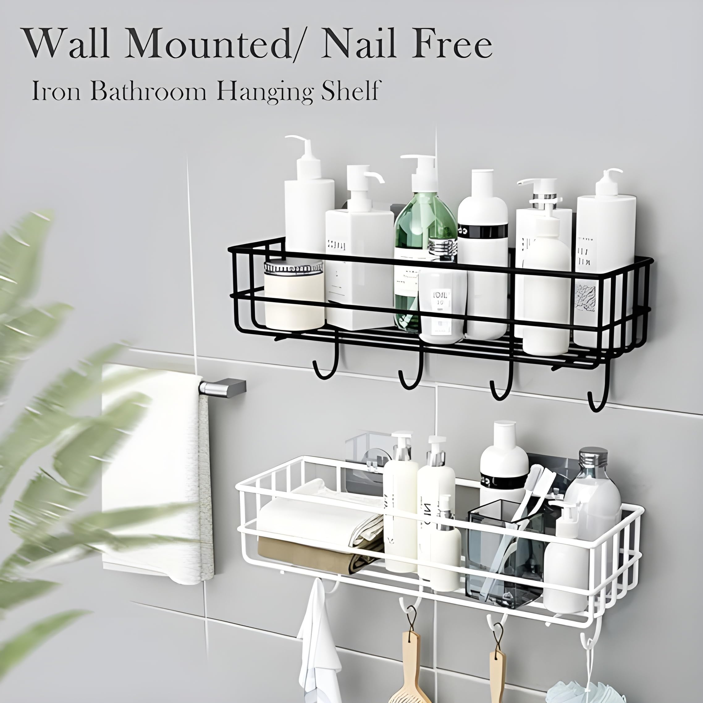 JIALTO Wall-Mounted Bathroom Shelf Organizer with Hooks - Black Space-Saving Bathroom Storage Rack & Towel Holder - Perfect for Small Bathrooms, Showers, and Vanity Organization (Pack of 1)
