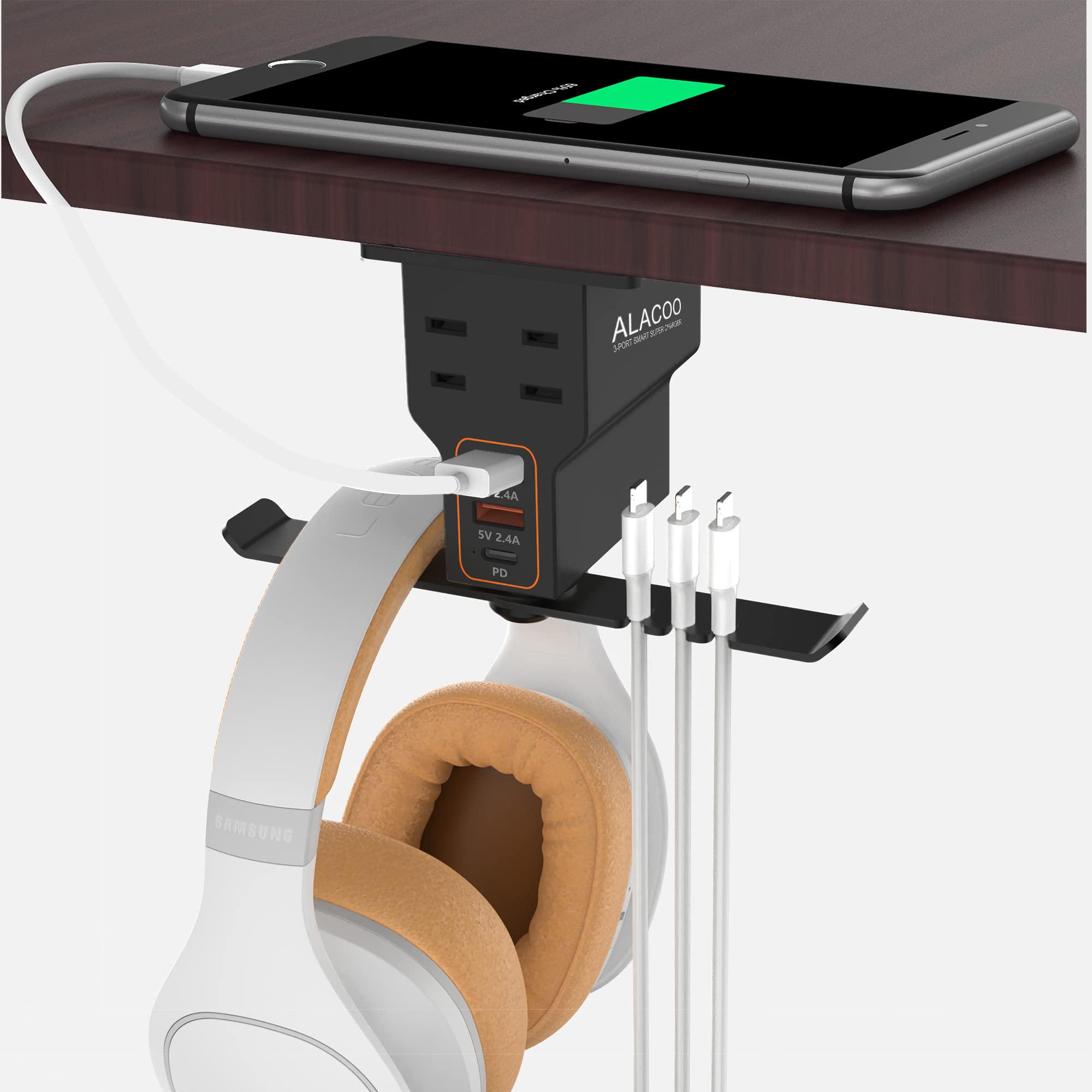 Dual Headphone Stand with USB Charging Station & AC Outlets - Under Desk Headset Holder for Gaming, PC, Office - QC3.0 Fast Charging (800W) - Perfect for Gamers, Streamers & Workspace Organization