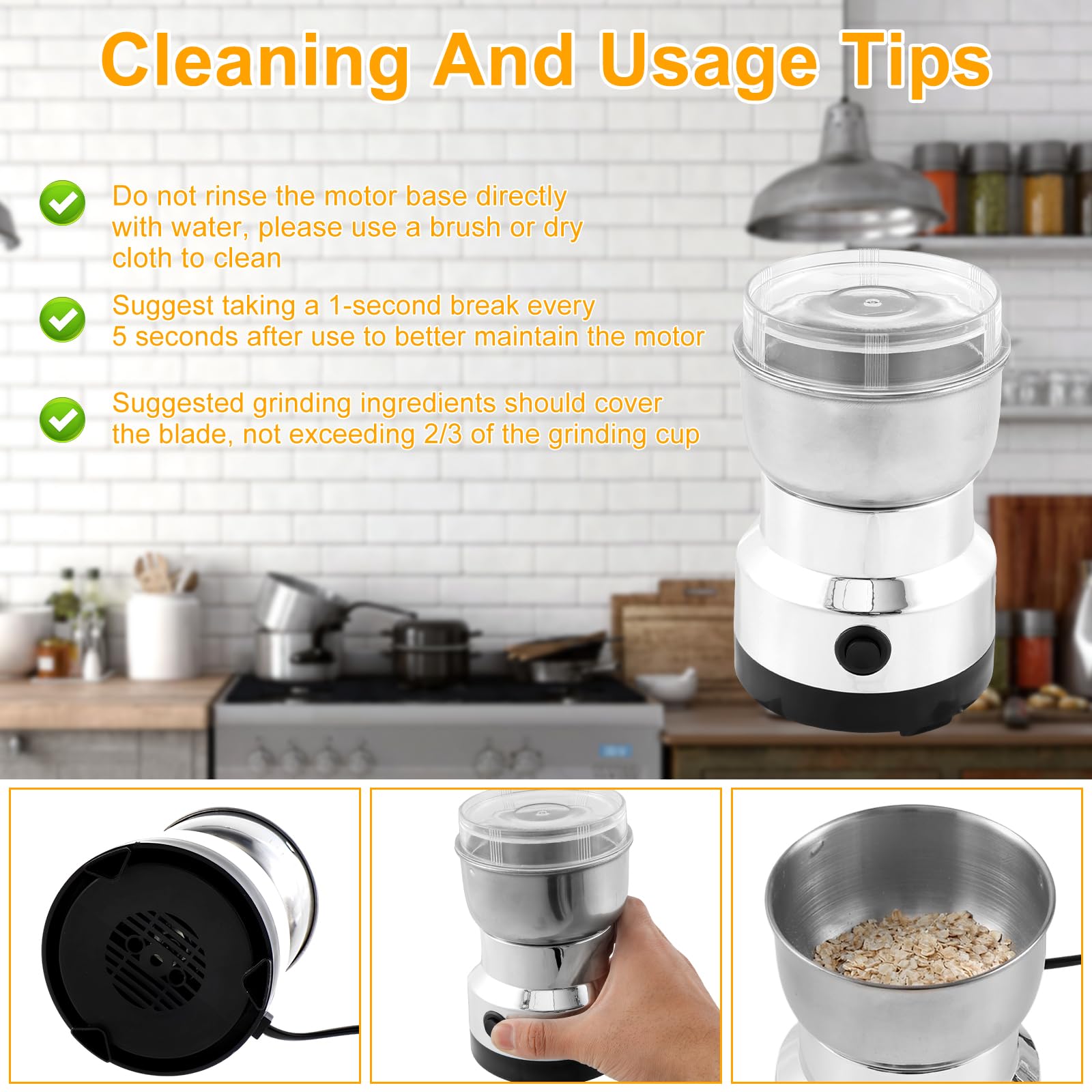 Premium Electric Coffee Grinder 300ml - Mini Stainless Steel Coffee & Spice Grinder with One-Touch Start - Portable Mill for Coffee Beans, Nuts & Spices - Perfect for Home, Office & Travel Use