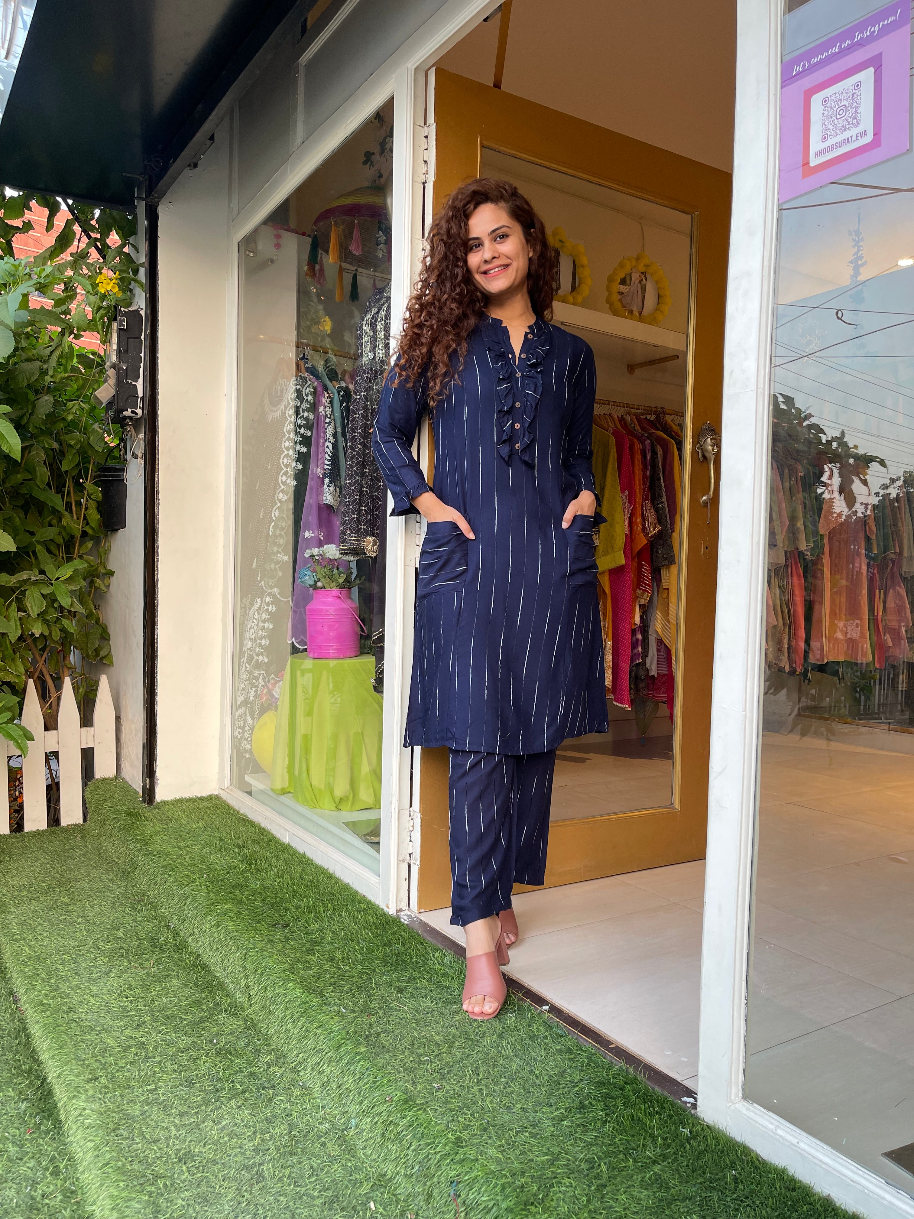 Navy Blue Striped Cotton Co-Ordinate Set for Women - Casual Summer Outfit for Beach, Vacation & Daily Wear