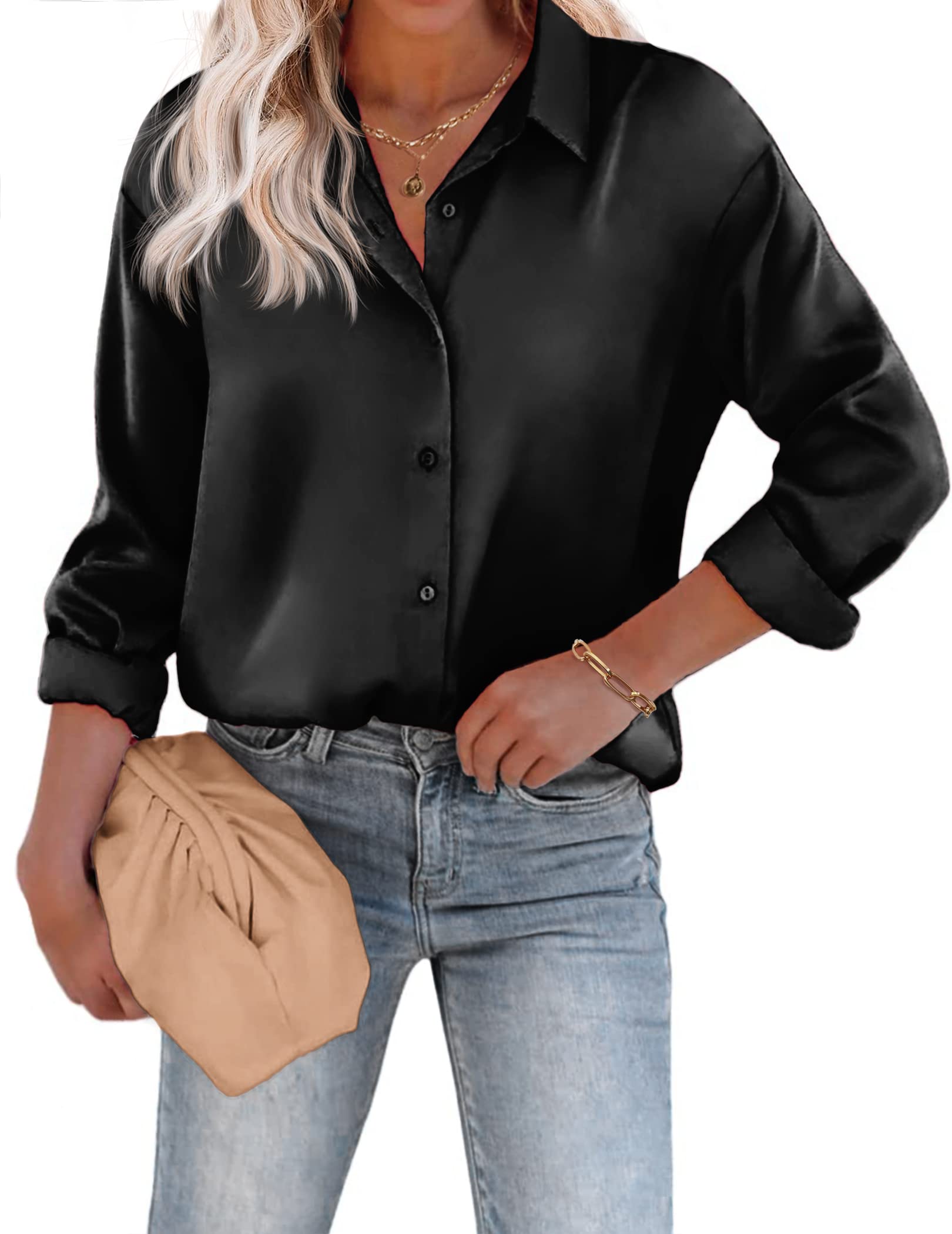 Chigant Women's Satin Silk Blouse - Button Down Long Sleeve Shirt for Office Work & Casual Wear | Elegant Loose Tunic Top for Business, Dating & Special Occasions