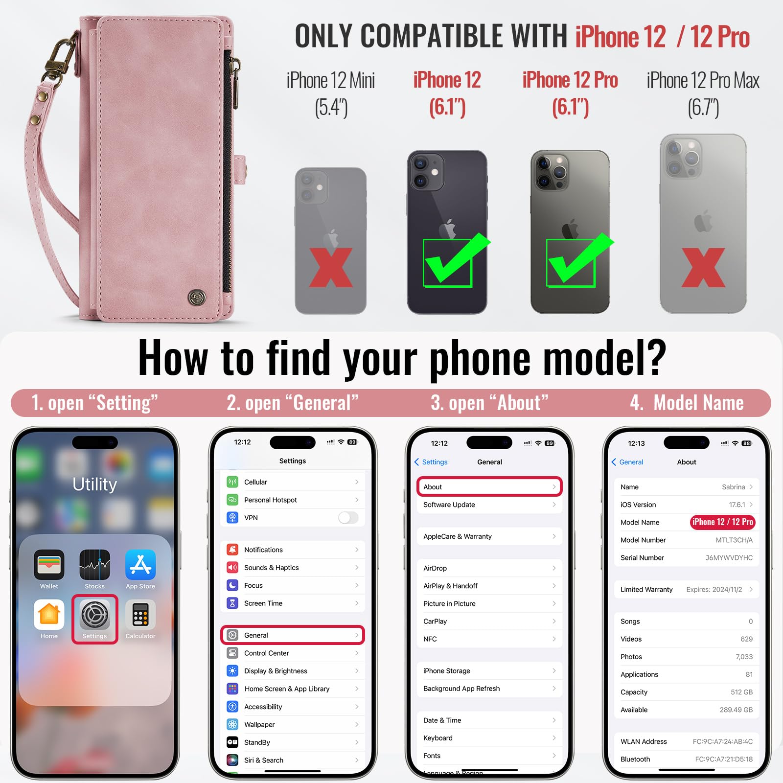 RFID Blocking iPhone 12/Pro Wallet Case - PU Leather Magnetic Flip Cover with Card Holder & Zipper Strap | Compatible with iPhone 12 & 12 Pro 6.1