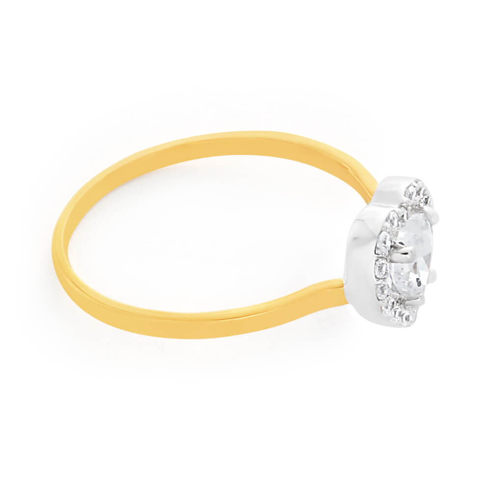 9ct Yellow Gold & White Gold Cubic Zirconia Heart Halo Ring for Women - Elegant Valentine's Day, Anniversary or Birthday Gift for Her