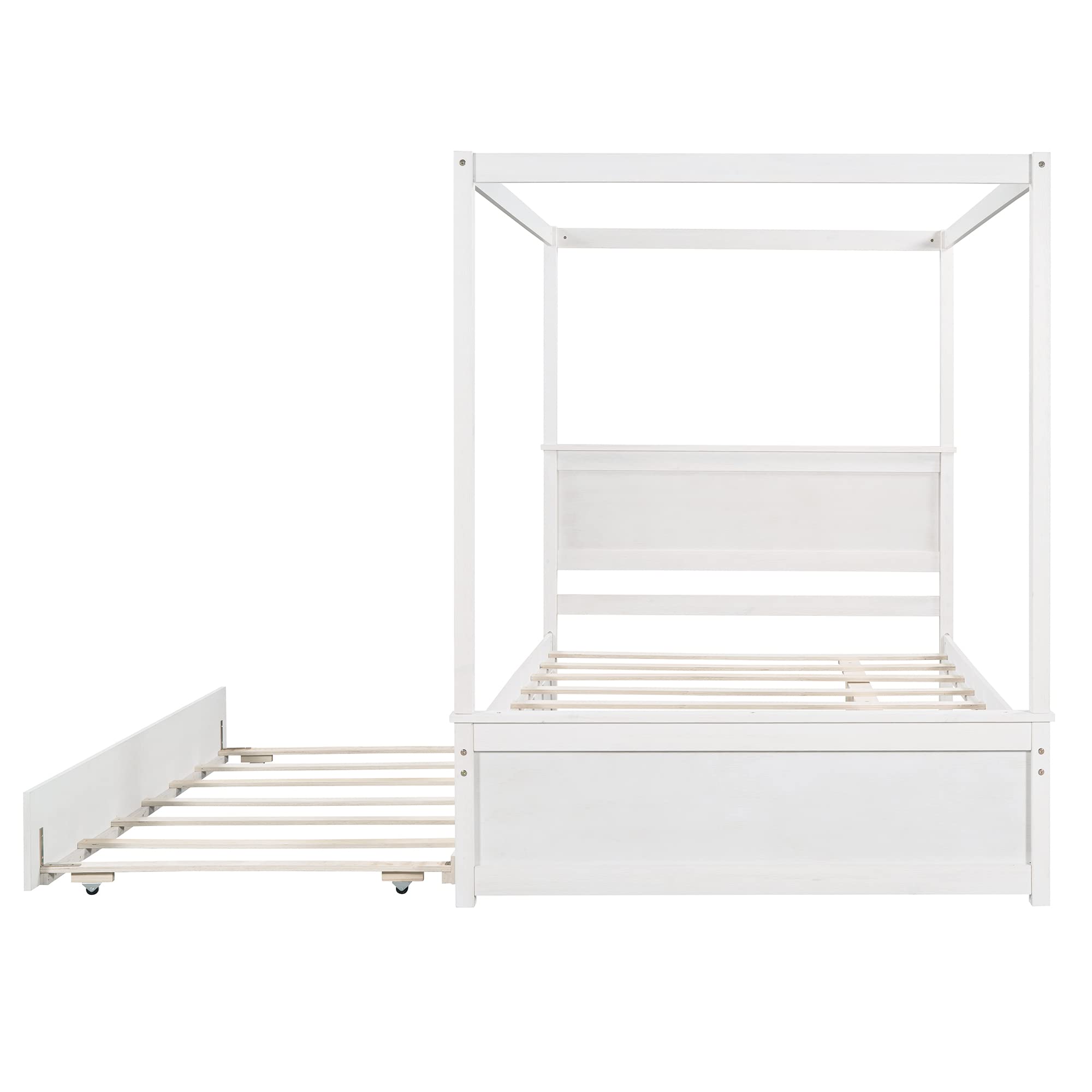 KLMM Full Size Modern Wood Canopy Bed with Trundle - Platform Bed Frame with Support Slats, No Box Spring Required (White Finish + Canopy) - Perfect for Guest Rooms, Kids' Bedrooms & Space-Saving Small Apartments