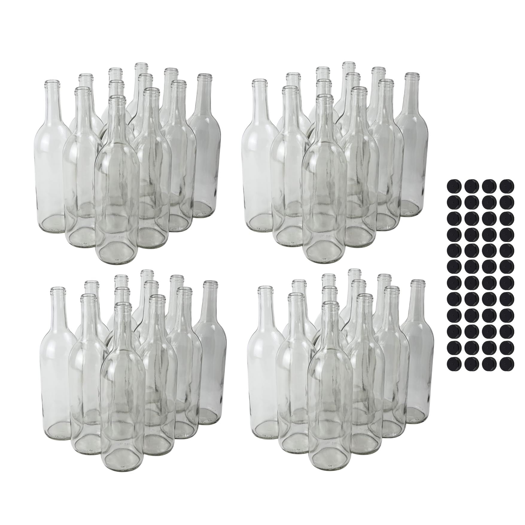 FastRack 750ml Clear Glass Bordeaux Wine Bottles with Black Plastic Screw Caps - 4 Cases of 12 (48 Bottles) - Flat Bottom Design for Home Brewing, Winemaking & Craft Cocktails