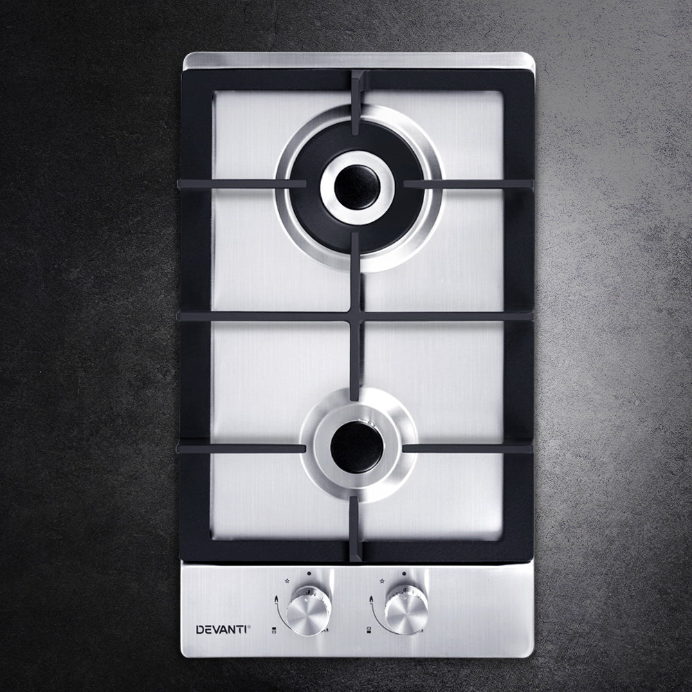 Devanti 30cm 2 Burner Gas Cooktop - Silver Stainless Steel Stove for Compact Kitchen & RV Cooking | Space-Saving Design for Small Apartments, Camping & Outdoor Use