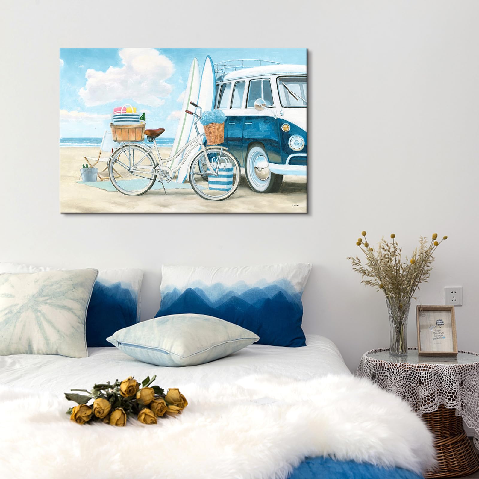 Retro Van & Bike Surfboard Coastal Beach Canvas Wall Art - Blue Bus Landscape Seascape Painting for Living Room, Bedroom & Bathroom Decor | Perfect for Beach House, Vacation Rental & Coastal Theme Interior Design