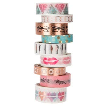 Glam Girl Washi Tape Set - 8 Spools of Decorative Japanese Paper Tape for Scrapbooking, Journaling, DIY Crafts & Gift Wrapping