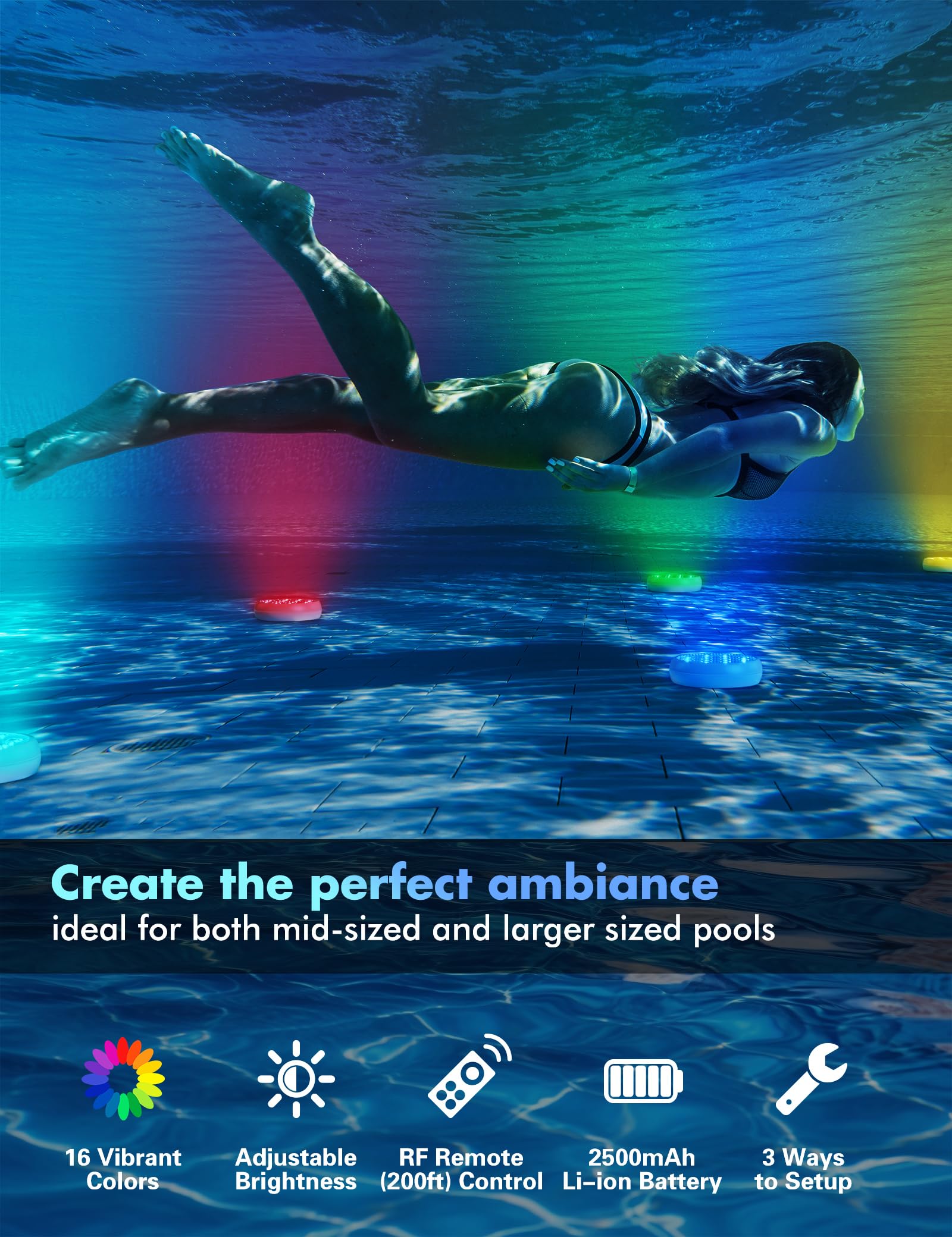 Submersible LED Pool Lights with Remote Control - 16 Color Changing Underwater Lights, IP68 Waterproof, Rechargeable Battery, Magnetic & Suction Cup Mounts - Perfect for Hot Tubs, Bathtubs, Aquariums & Outdoor Pools (6 Pack)
