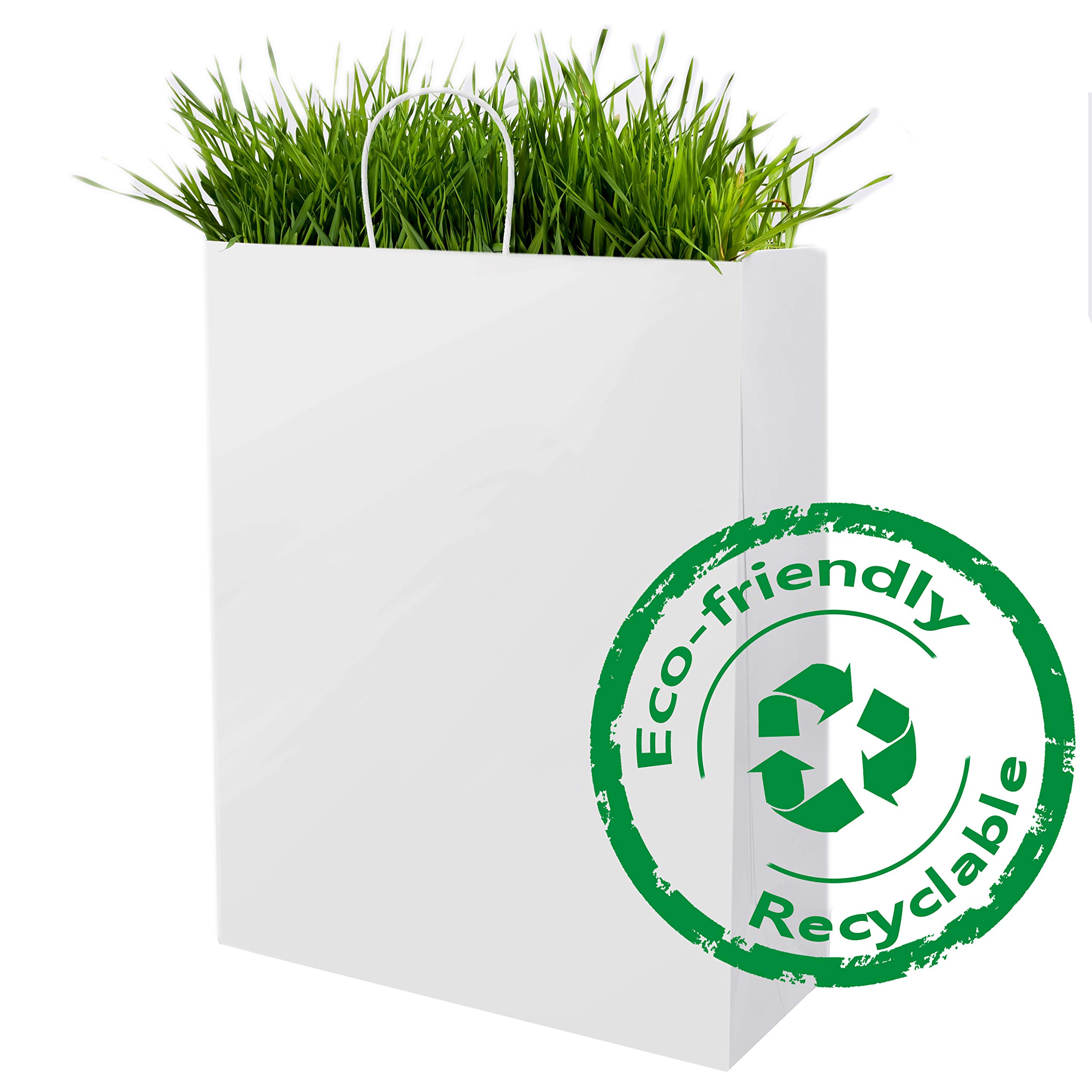 50 Pack 13x7x17 Inch White Kraft Paper Gift Bags with Handles - Eco Friendly Recyclable Party Bags, Shopping Bags & Retail Merchandise Bags Bulk for Birthday, Wedding, Store Packaging & Events