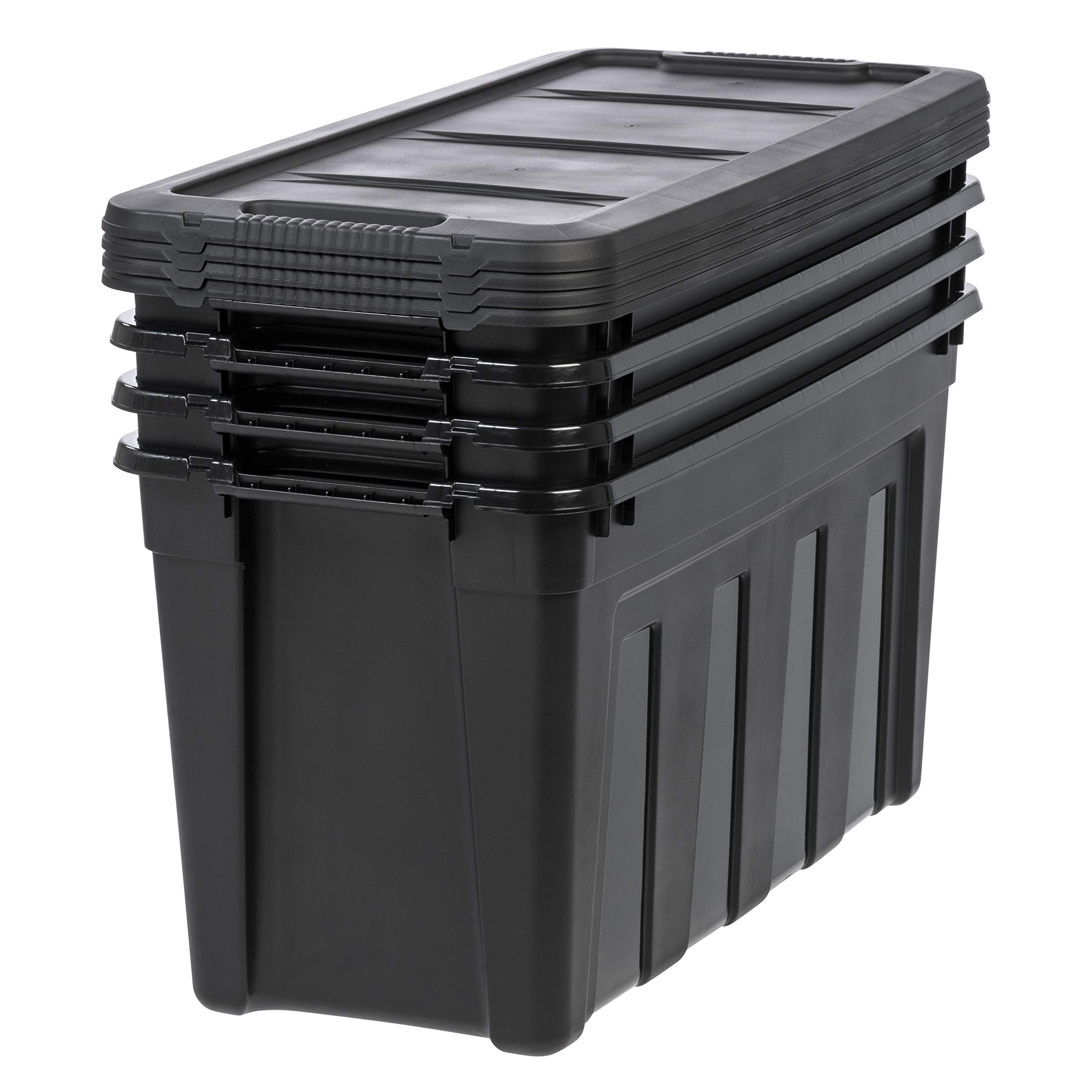 31 Gallon Heavy Duty Storage Totes with Easy-Grip Handles - 4 Pack Stackable Utility Bins with Lids | Durable Garage Organization Containers | Made in USA (Black) | Perfect for Home, Office & Warehouse Storage Solutions