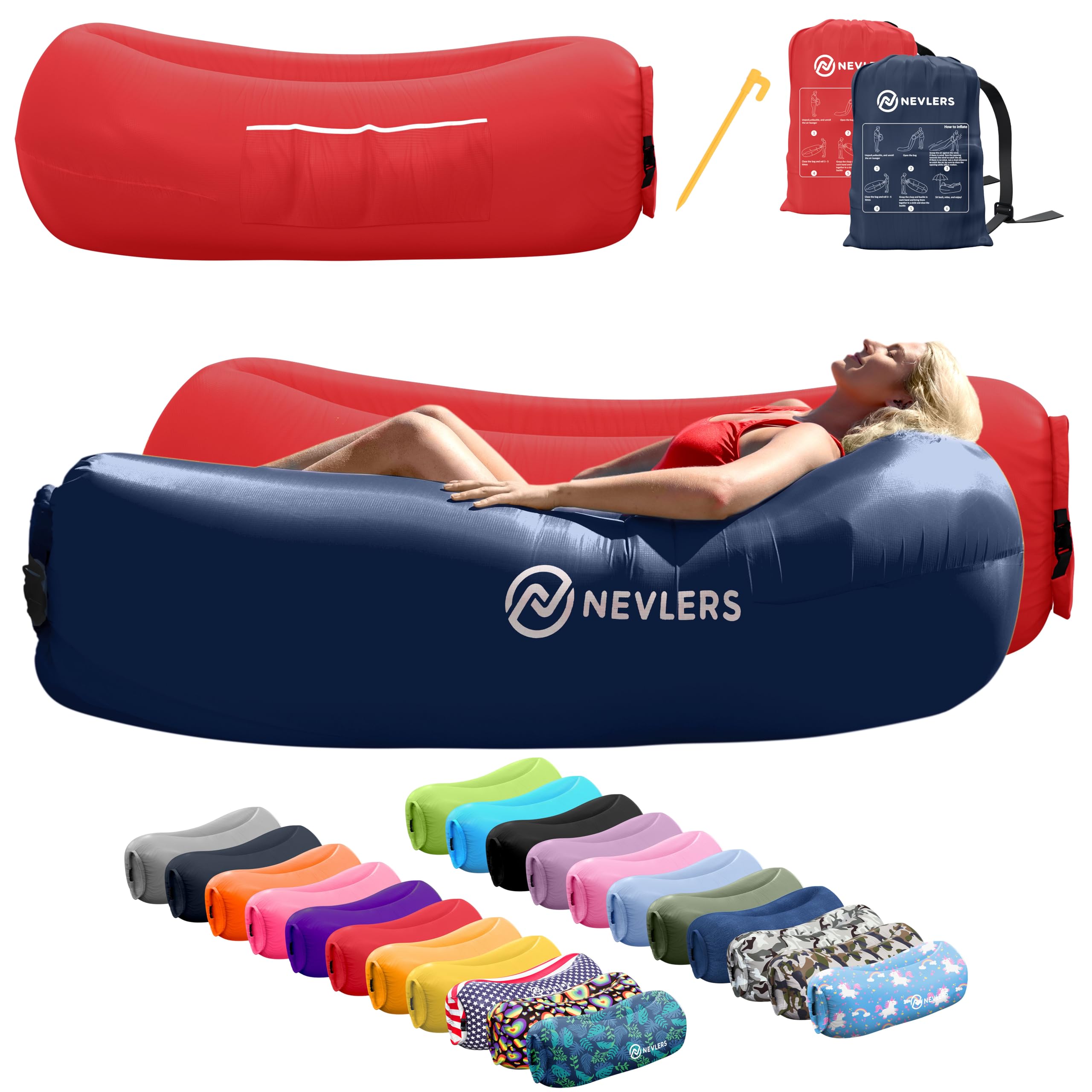 Nevlers 2 Pack Inflatable Lounger Air Sofa Couch - Portable Outdoor Beach Chair, Camping Chair & Travel Hammock with Carry Bag, Pegs & Storage Pockets | Perfect for Beach Relaxing, Backyard Lounging, Camping Trips & Outdoor Movie Nights