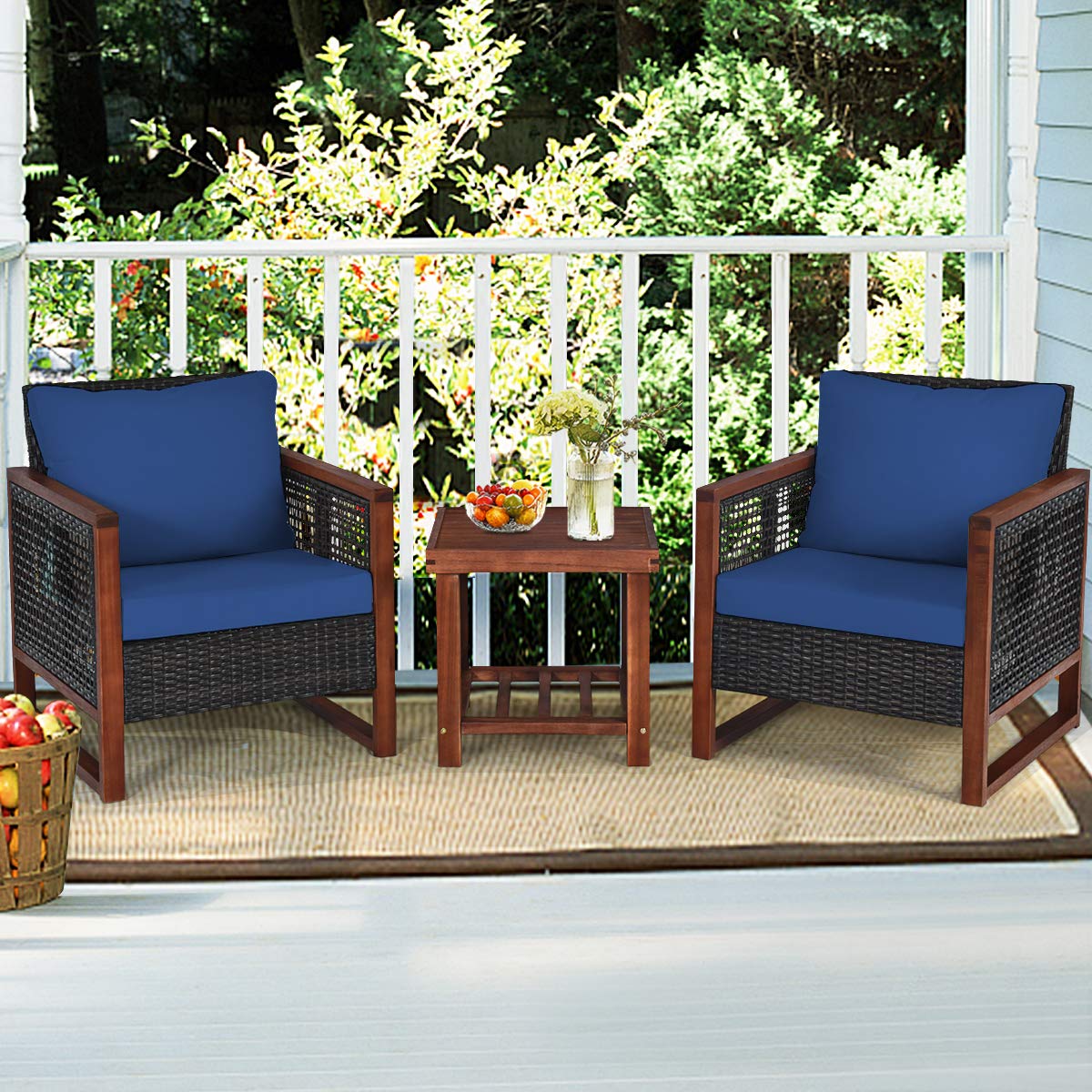 HAPPYGRILL 3-Piece Outdoor Patio Furniture Set - Wicker Chairs with Coffee Table, Acacia Wood Frame & Washable Cushions - Perfect for Garden, Poolside, Backyard, Balcony & Porch Relaxation