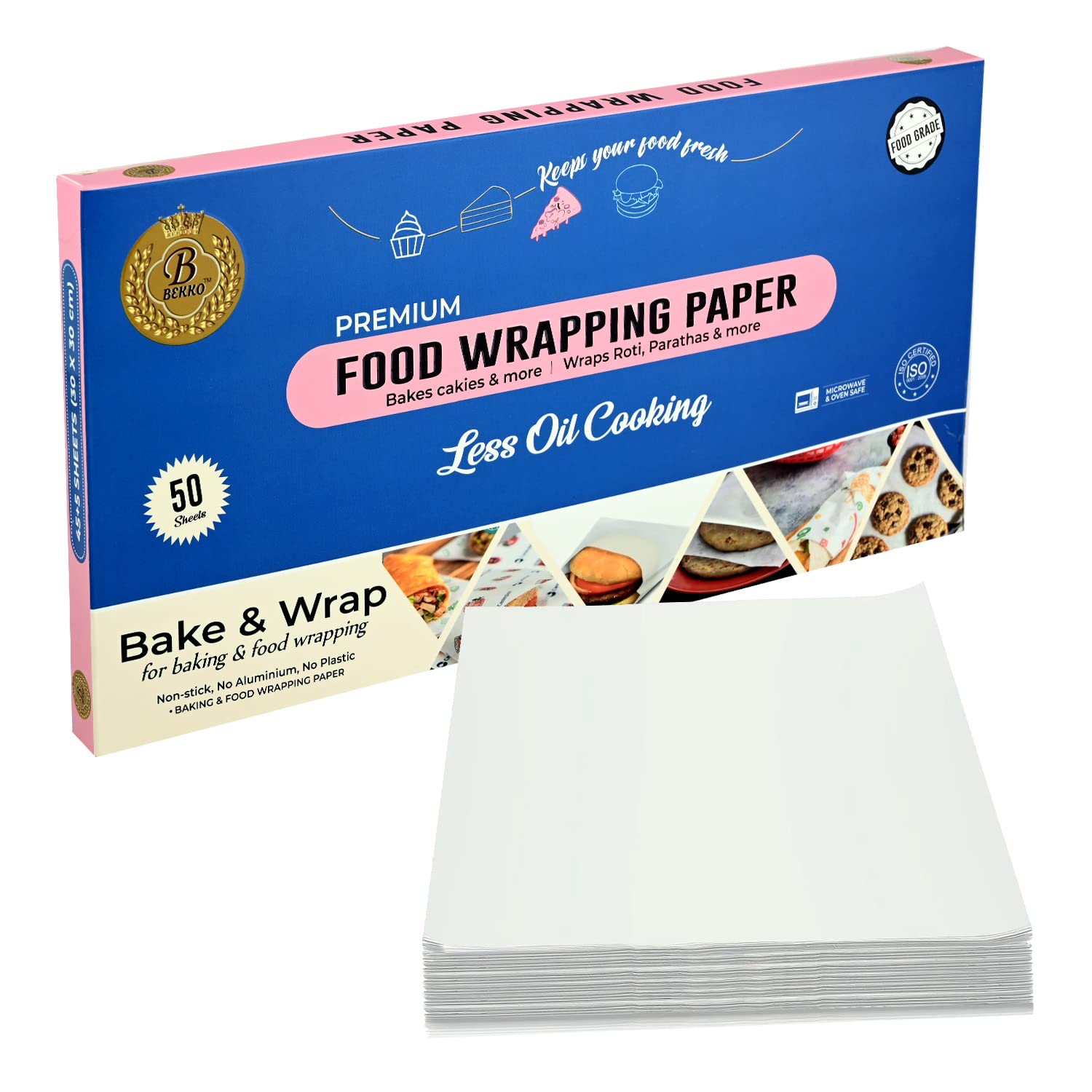BEKKO Non-Stick Food Wrapping Paper 30x30cm - 50 Sheets for Baking, Roti, Paratha, Meal Prep & Leftovers - Oven Safe, Reheatable & Microwave Friendly - Perfect for Cooking, Packing Lunches & Food Storage
