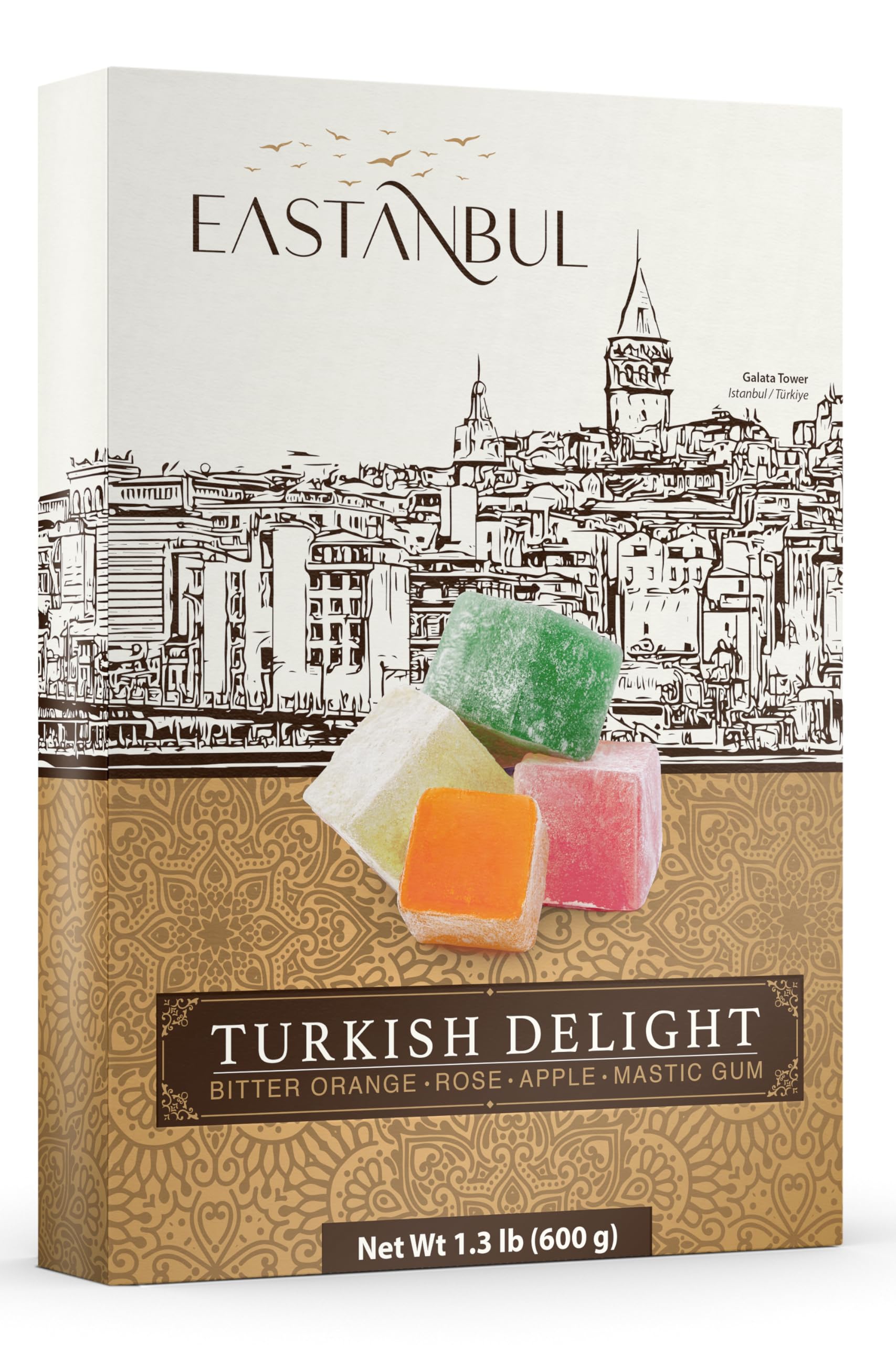 Premium Eastanbul Turkish Delight Lokum - 21.2oz Assorted Flavors (Rose, Orange, Apple, Mastic) | Gluten Free, Vegan, No Artificial Ingredients | Authentic Turkish Candy Gift Box | Perfect for Parties, Gifts & Dessert Platters