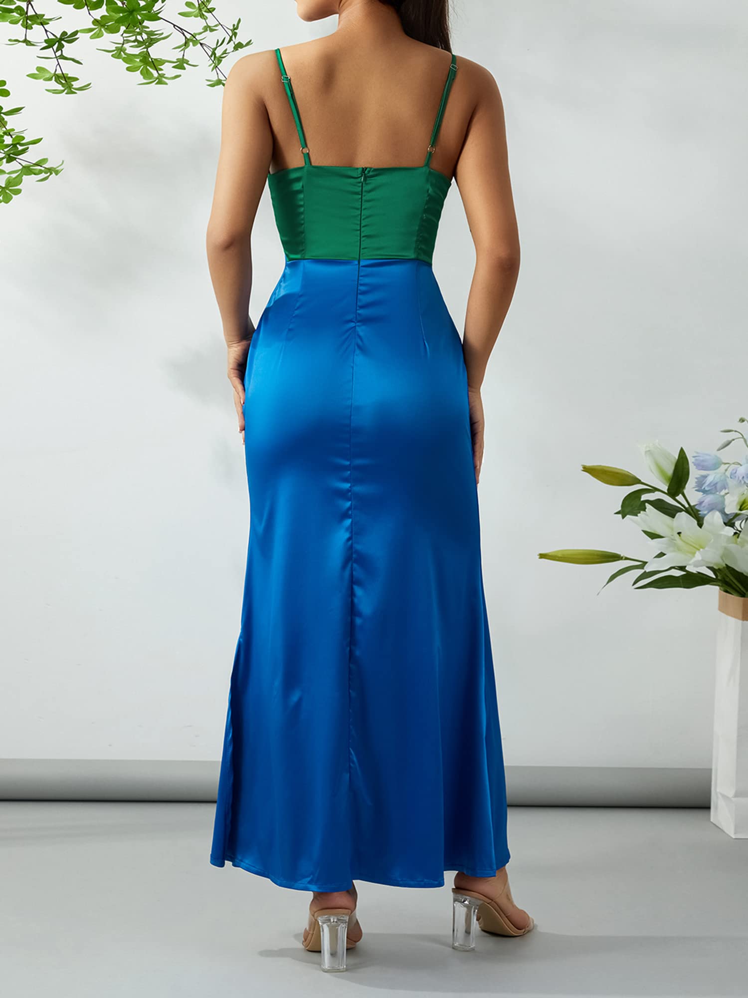 WZTYYDS Women's Elegant Long Slip Dress - Summer Casual Contrast Color V-Neck Sleeveless Slim Beach Dress (Green Blue, Size M) | Perfect for Beach Vacations, Date Nights & Summer Parties