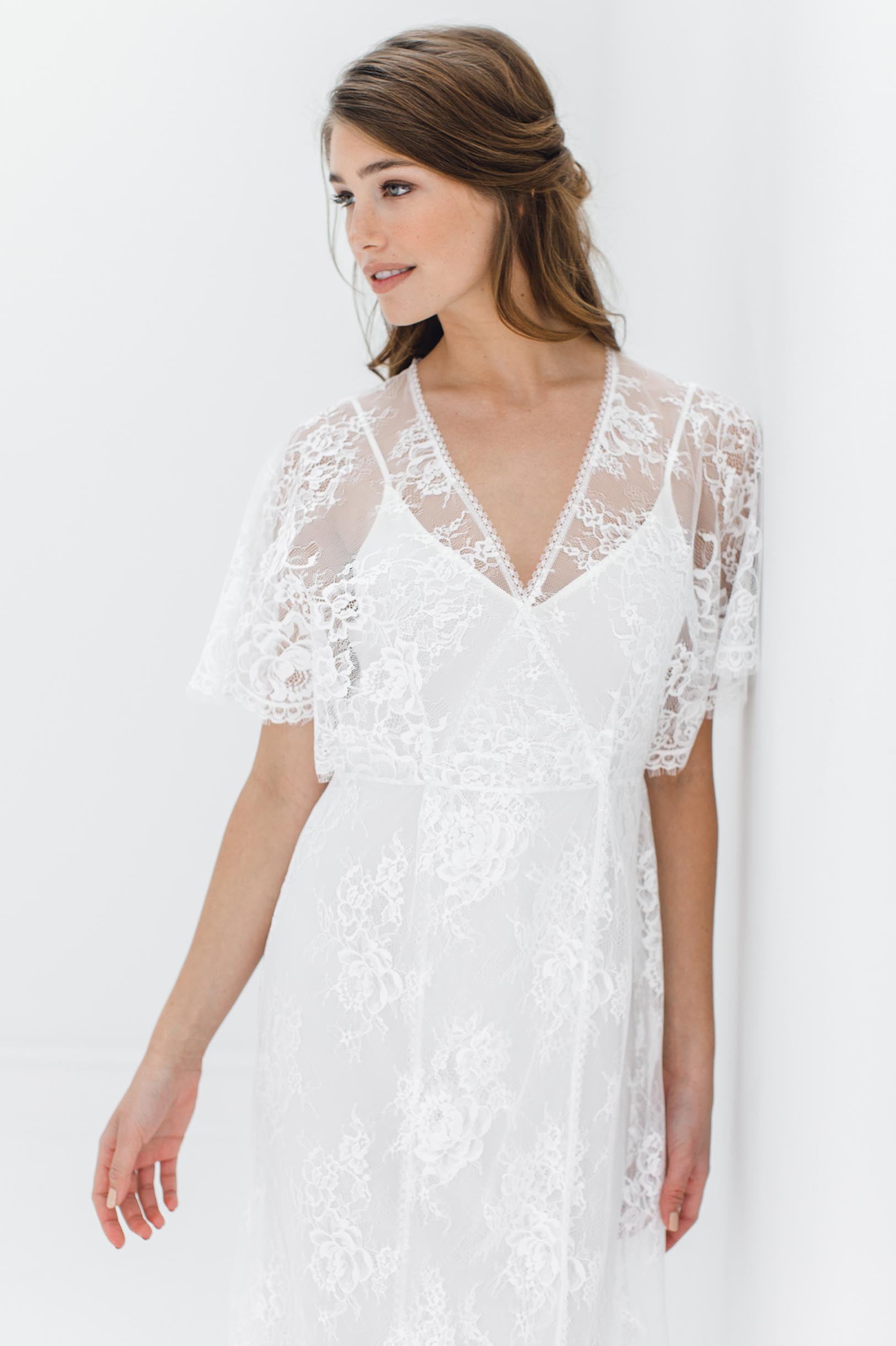 Anita Midi Lace Robe with Flutter Kimono Sleeves - Elegant Ivory Bridal Lingerie for Wedding Night, Honeymoon & Boudoir Photography