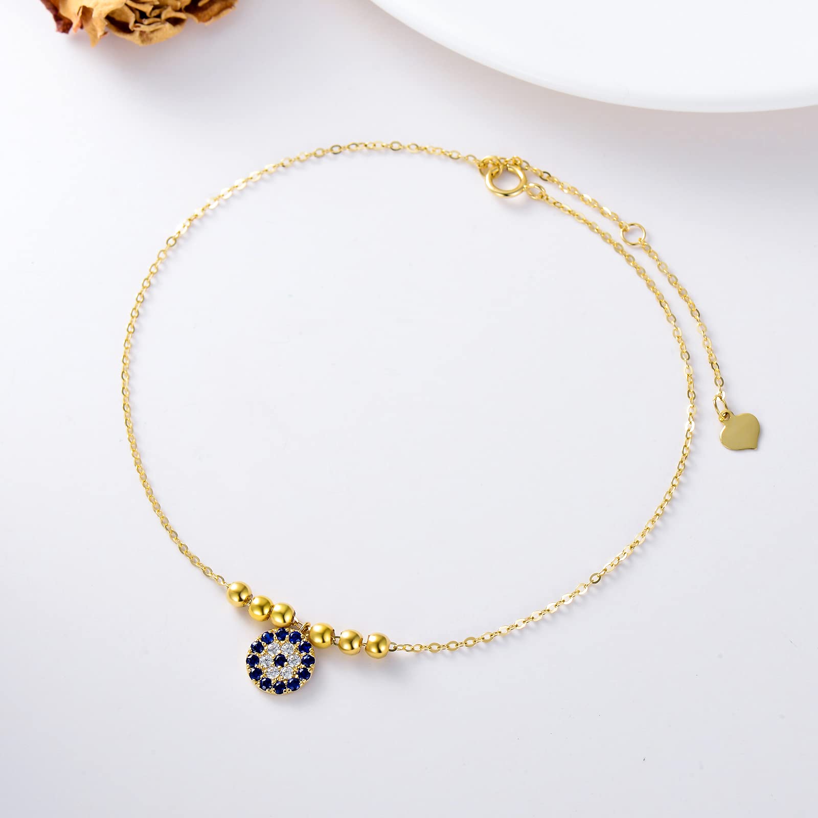 14K Solid Gold Evil Eye Anklet for Women - Dainty Yellow Gold Lucky Charm Ankle Bracelet with Beads, Adjustable 8